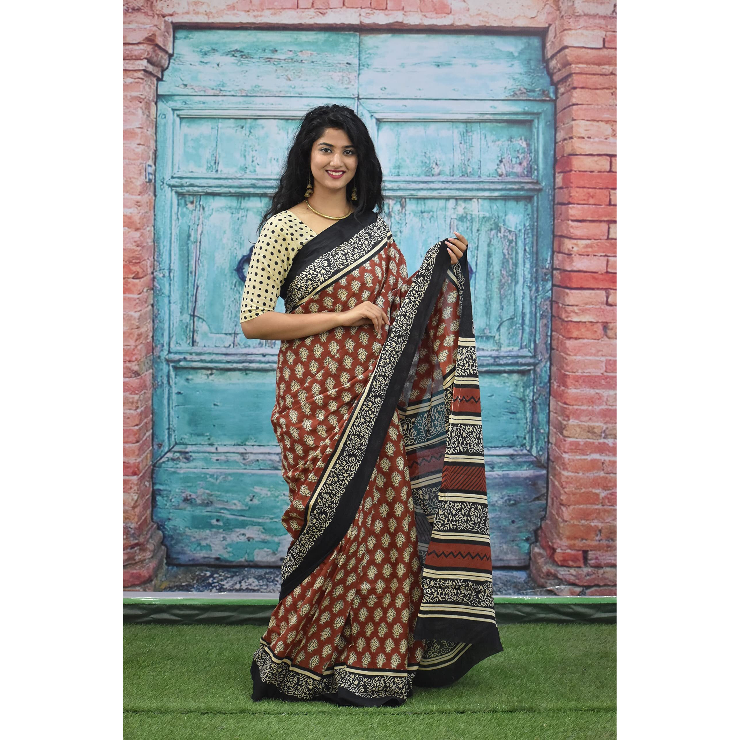 Kiaaron Womens Ikat Hand Block Print Jaipuri Cotton Mulmul Saree with Blouse Piece - Maroon_412
