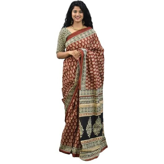 Kiaaron Womens Ikat Hand Block Print Jaipuri Cotton Mulmul Saree with Blouse Piece - Maroon_429