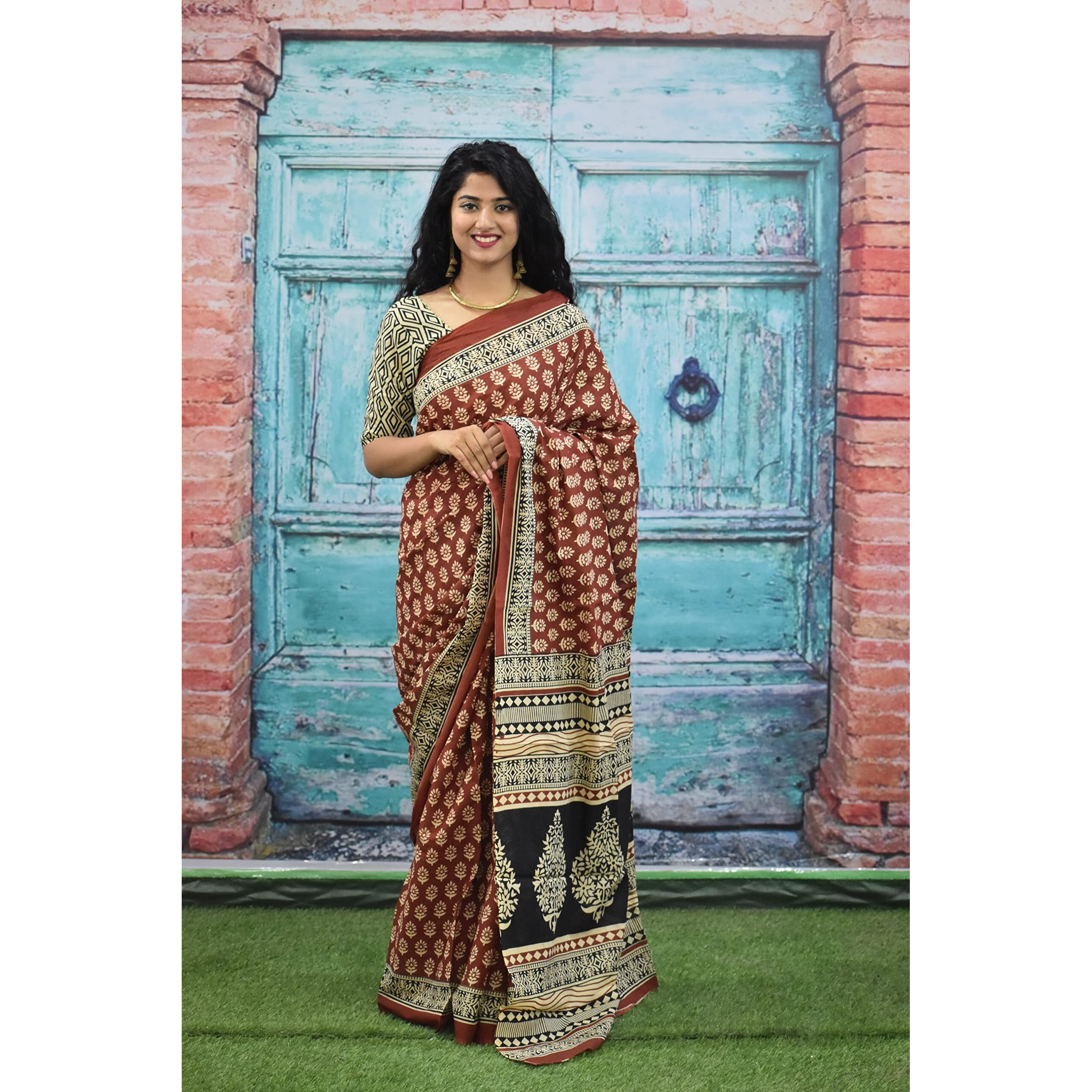 Kiaaron Womens Ikat Hand Block Print Jaipuri Cotton Mulmul Saree with Blouse Piece - Maroon_429