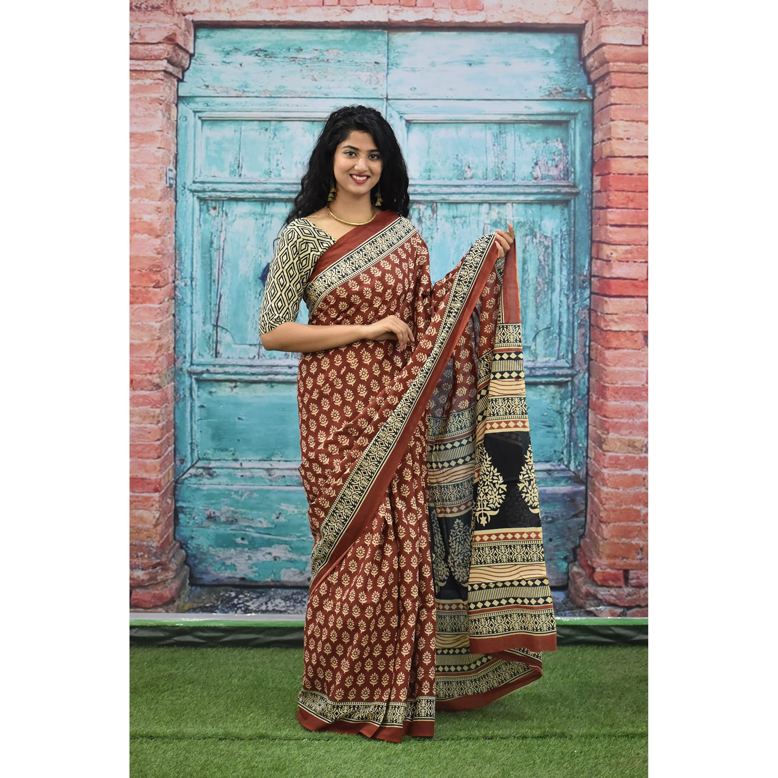 Kiaaron Womens Ikat Hand Block Print Jaipuri Cotton Mulmul Saree with Blouse Piece - Maroon_429