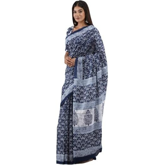 Kiaaron Handicrafts Womens Ikat Hand Block Print Jaipuri Cotton Mulmul Saree with Blouse Piece -Grey_13