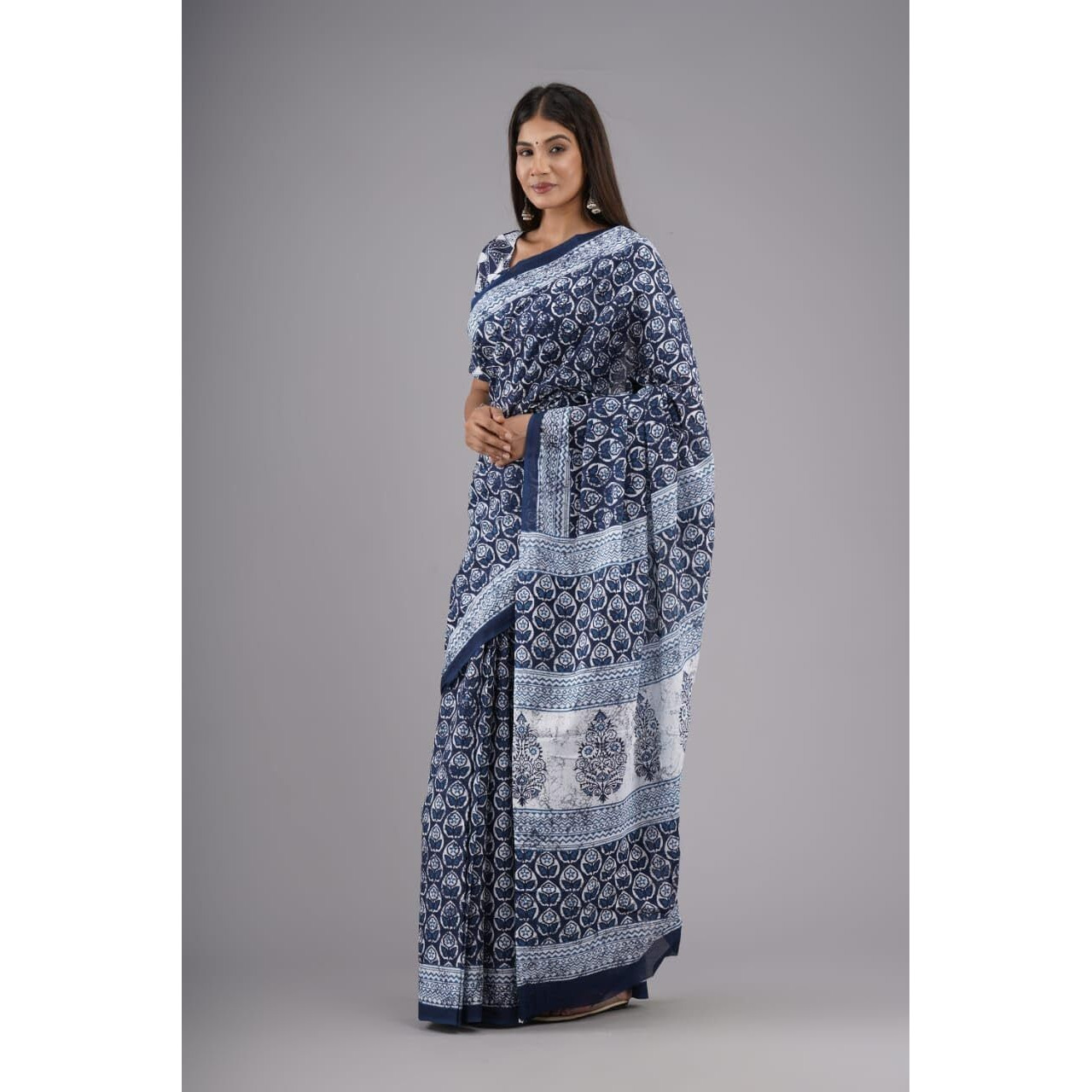 Kiaaron Handicrafts Womens Ikat Hand Block Print Jaipuri Cotton Mulmul Saree with Blouse Piece -Grey_13
