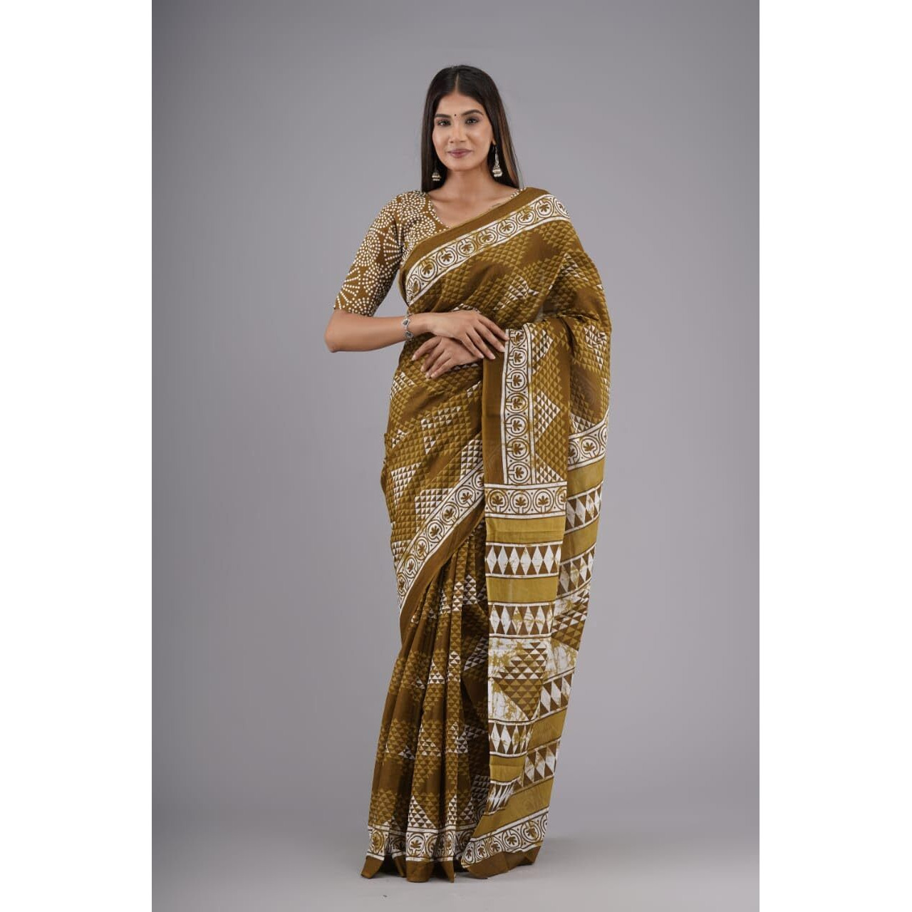 Kiaaron Handicrafts Womens Ikat Hand Block Print Jaipuri Cotton Mulmul Saree with Blouse Piece -Mustard_18