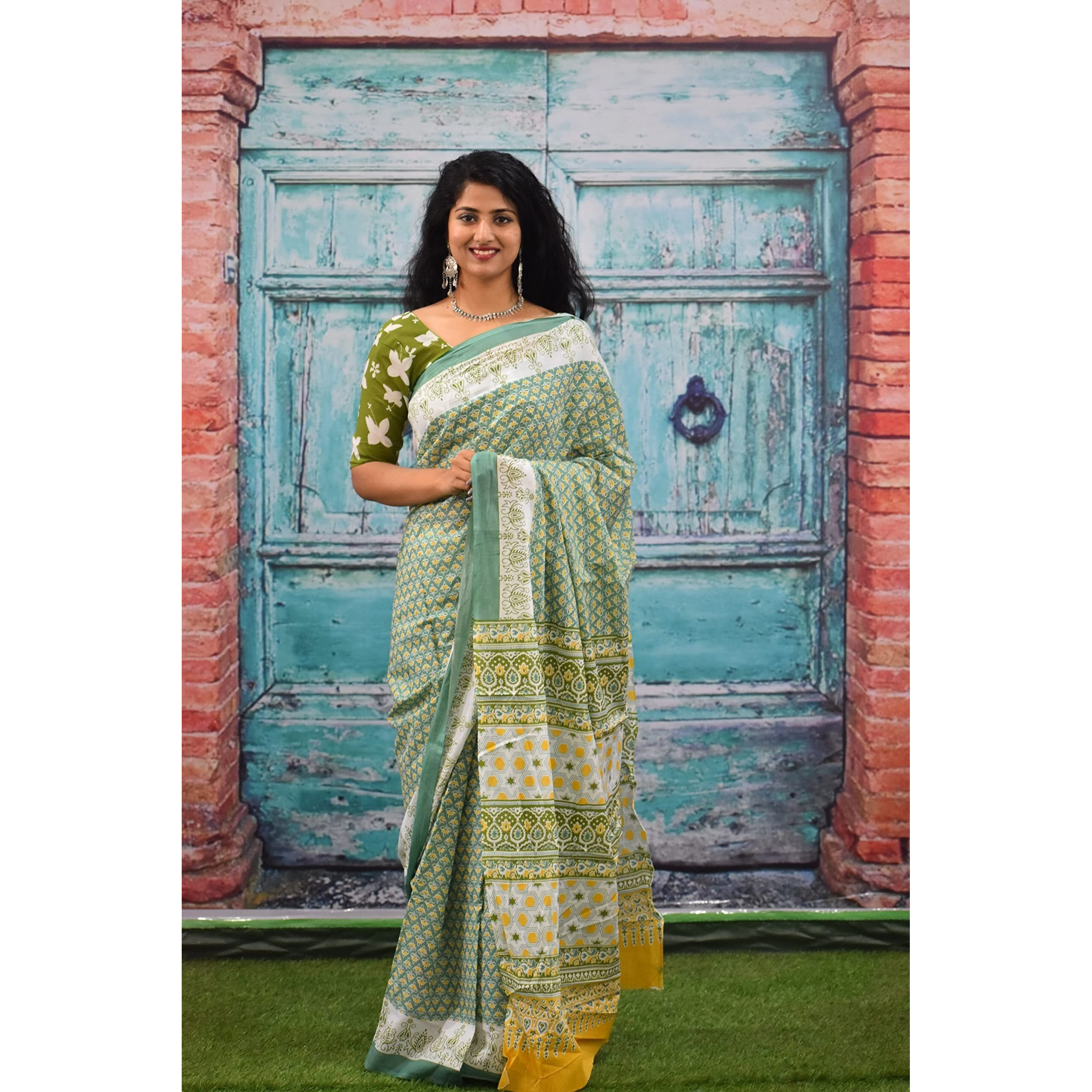 Kiaaron Womens Ikat Hand Block Print Jaipuri Cotton Mulmul Saree with Blouse Piece - Green_431