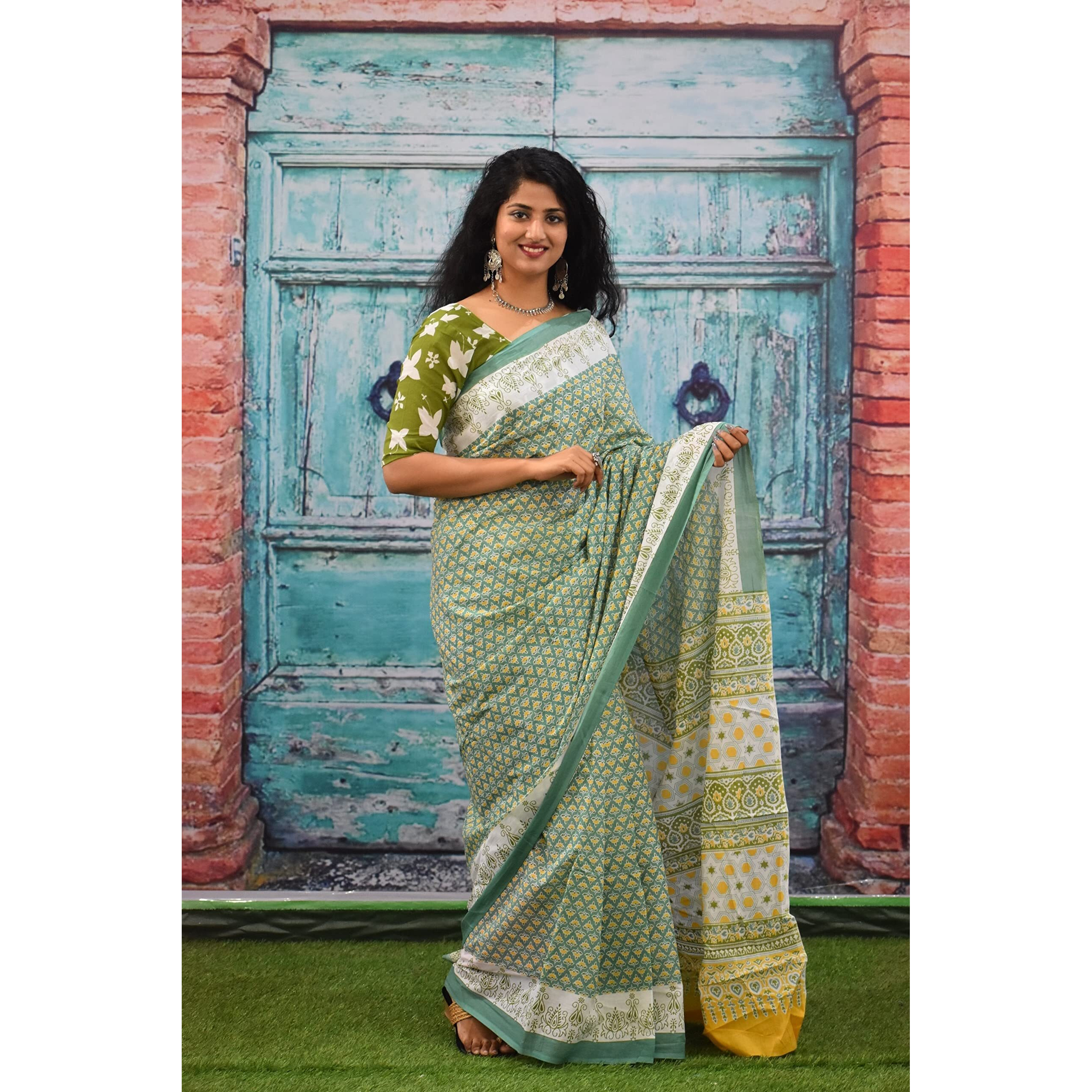 Kiaaron Womens Ikat Hand Block Print Jaipuri Cotton Mulmul Saree with Blouse Piece - Green_431