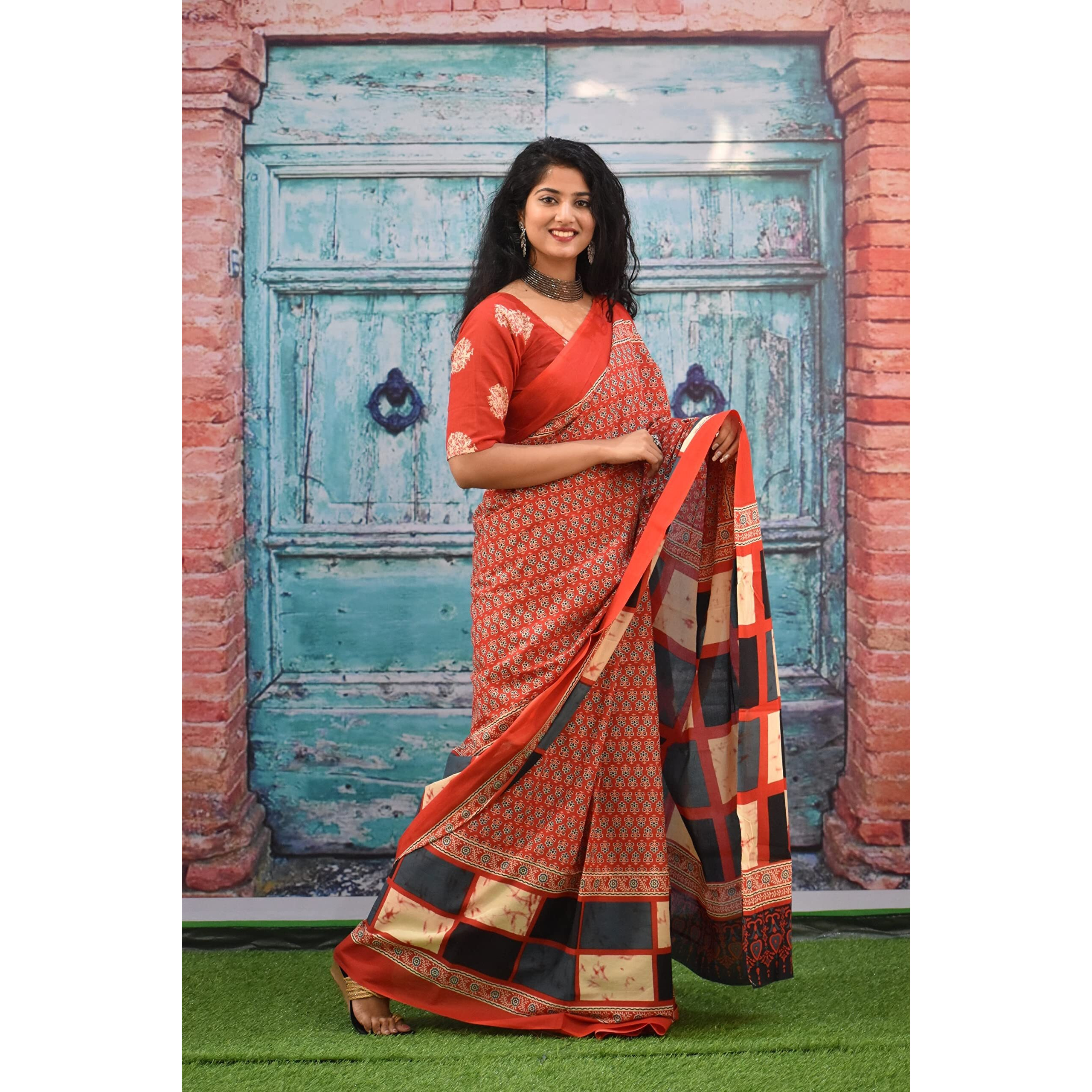 Kiaaron Womens Ikat Hand Block Print Jaipuri Cotton Mulmul Saree with Blouse Piece - Red_416