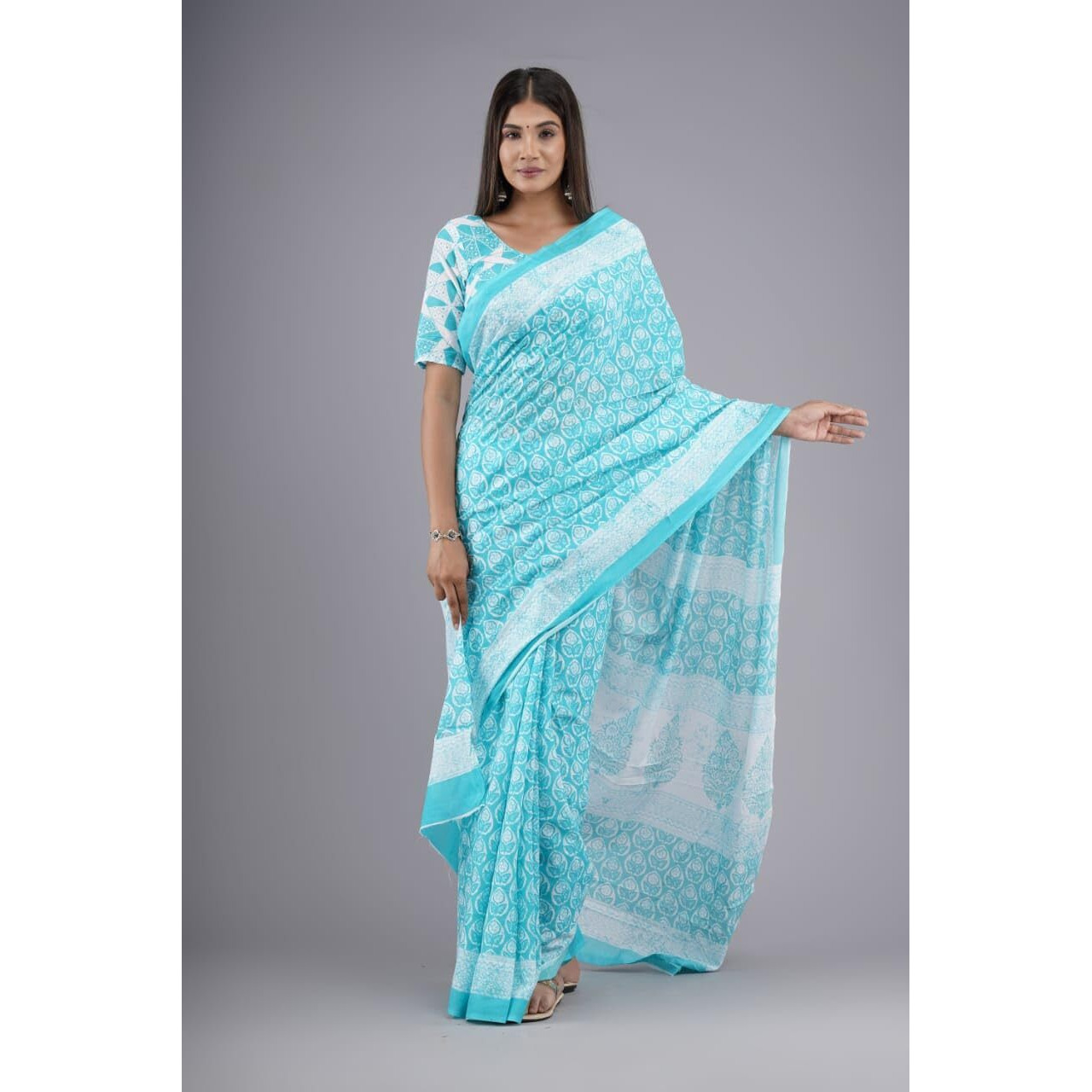 Kiaaron Handicrafts Womens Ikat Hand Block Print Jaipuri Cotton Mulmul Saree with Blouse Piece -Turquiose_11