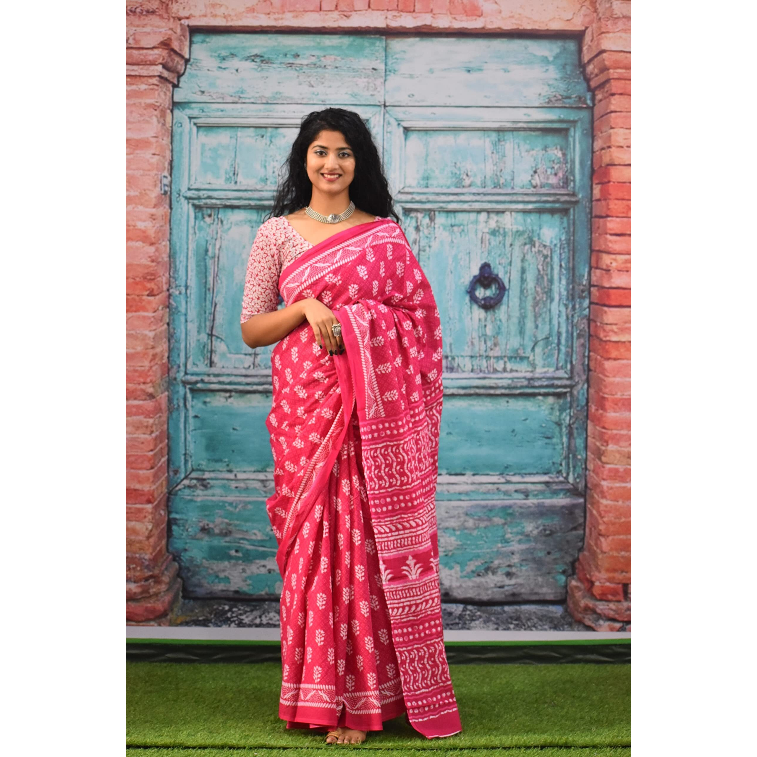 Kiaaron Womens Ikat Hand Block Print Jaipuri Cotton Mulmul Saree with Blouse Piece - Pink_418