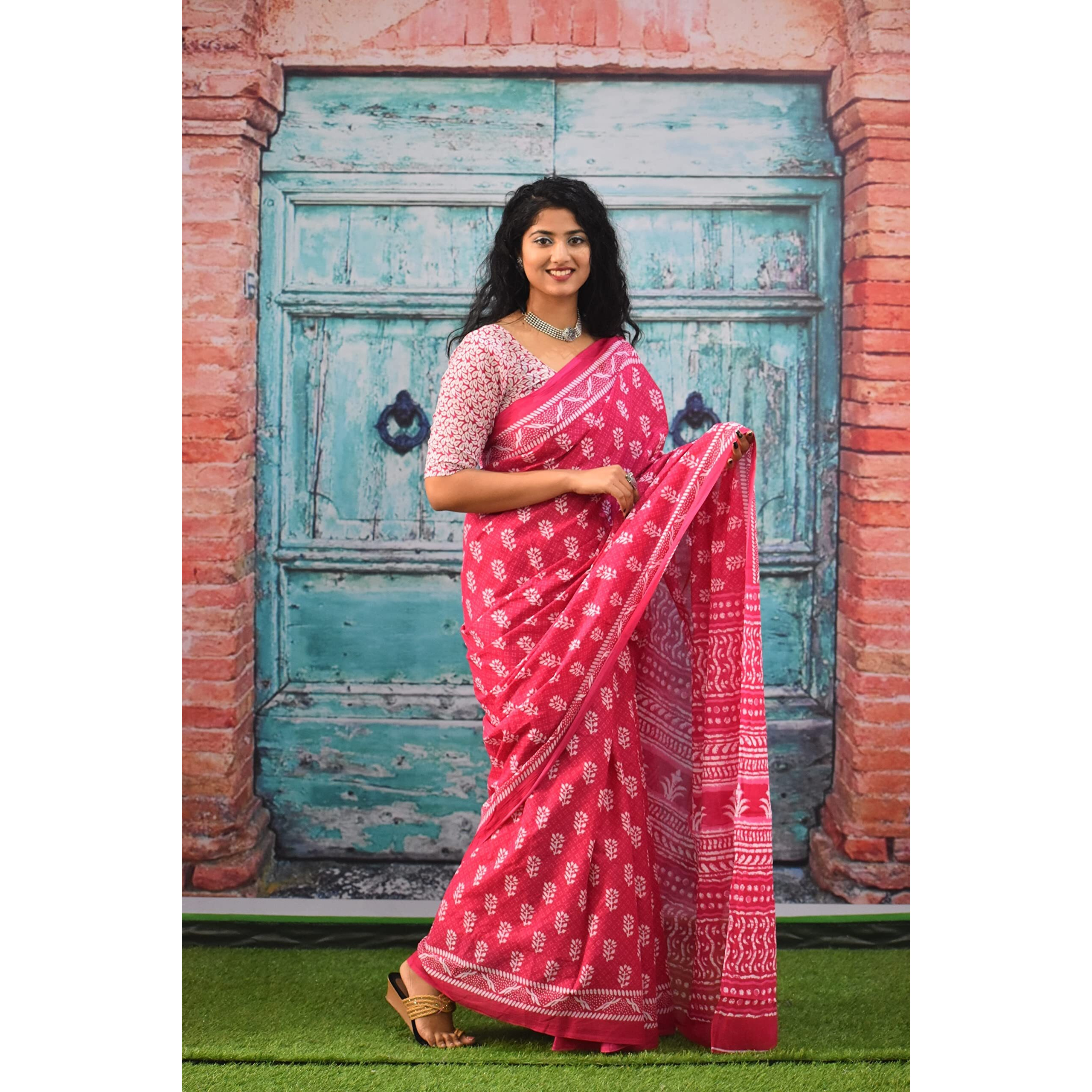 Kiaaron Womens Ikat Hand Block Print Jaipuri Cotton Mulmul Saree with Blouse Piece - Pink_418