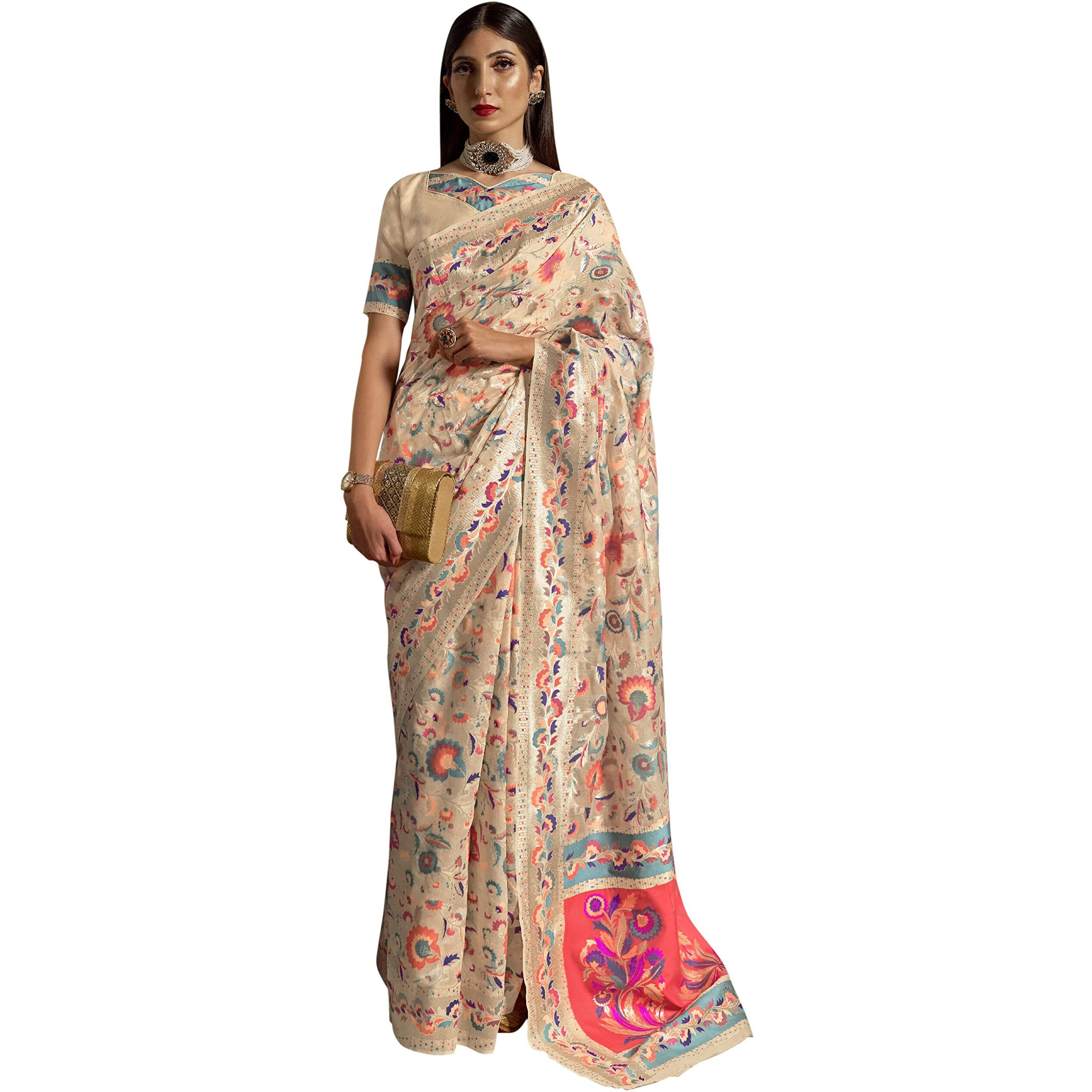 AKHILAM Womens Modal Woven Design Saree with Unstitched Blouse Piece(Cream_KYB140005)