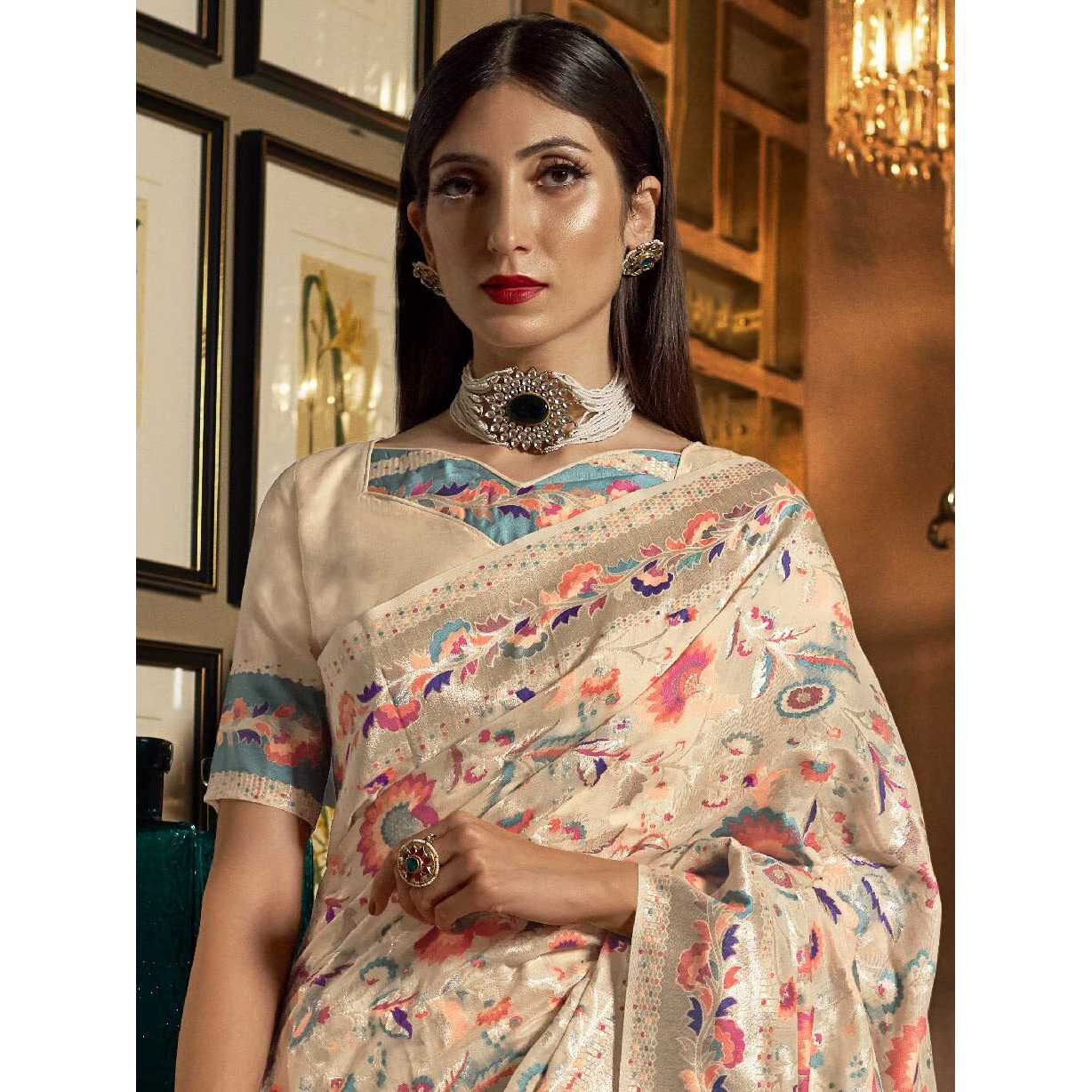 AKHILAM Womens Modal Woven Design Saree with Unstitched Blouse Piece(Cream_KYB140005)
