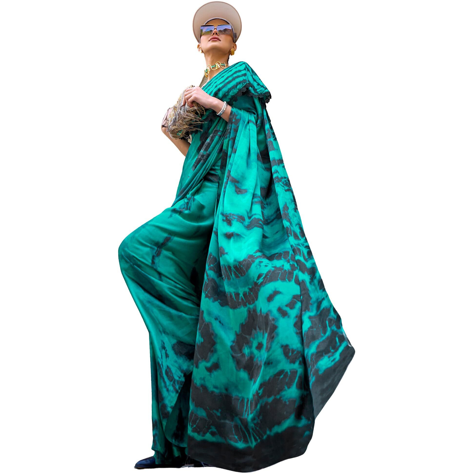 AKHILAM Womens Crepe Digital Print Designer Saree With Unstitched Blouse Piece (Teal blue_KUBIK324017_RJ)