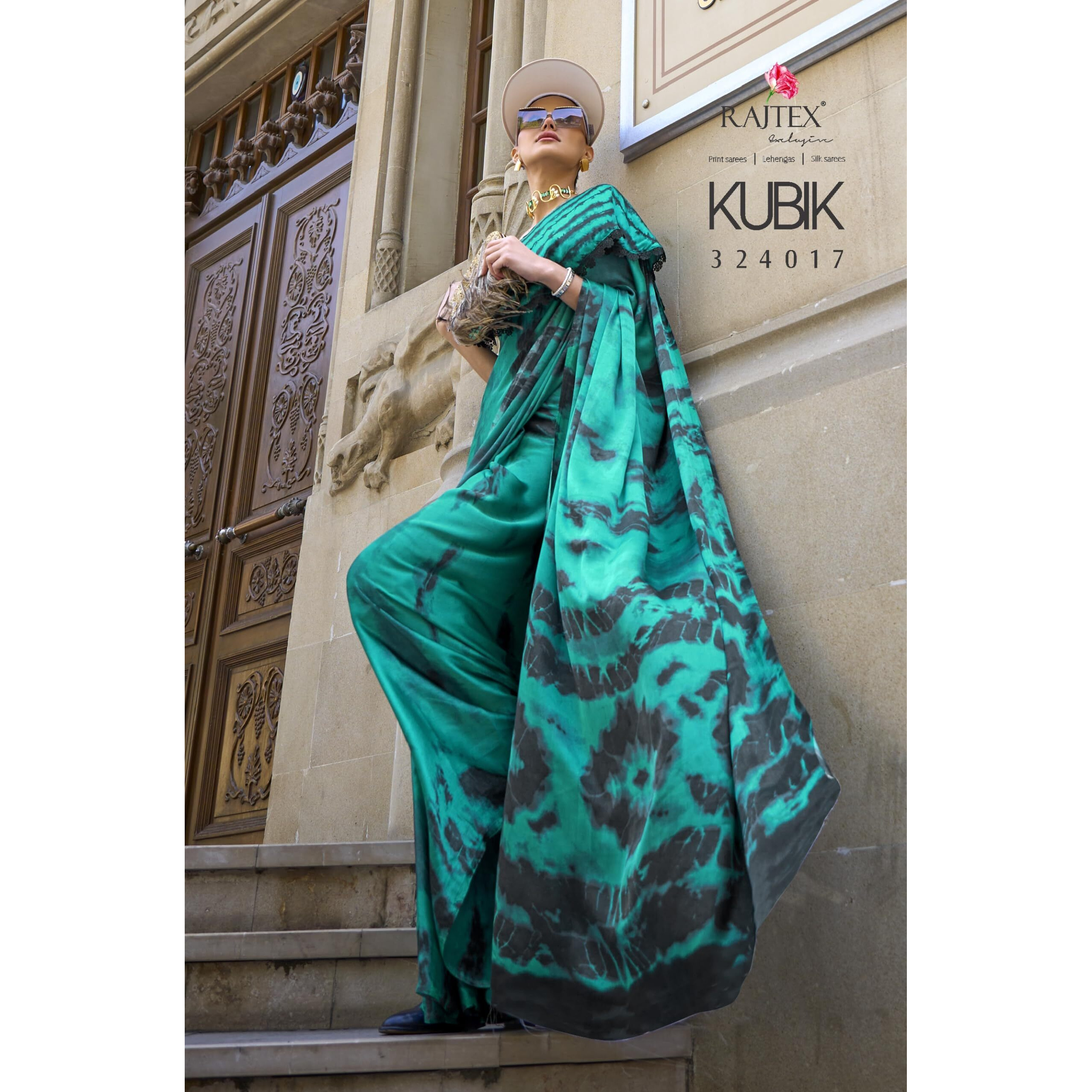 AKHILAM Womens Crepe Digital Print Designer Saree With Unstitched Blouse Piece (Teal blue_KUBIK324017_RJ)