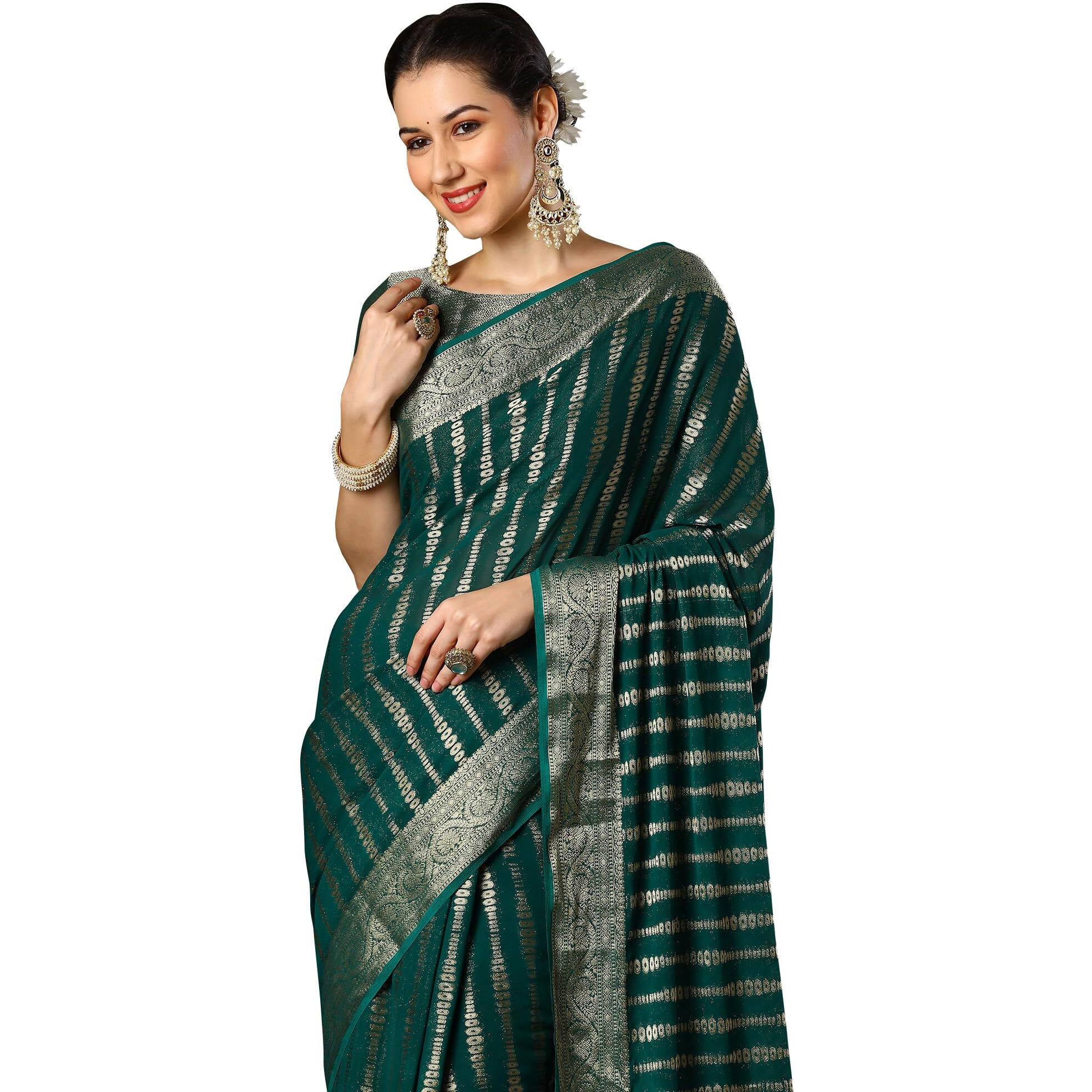AKHILAM Womens Teal blue Georgette Zari Woven Design Saree with Unstitched Blouse Piece (ARYA2904_FL)