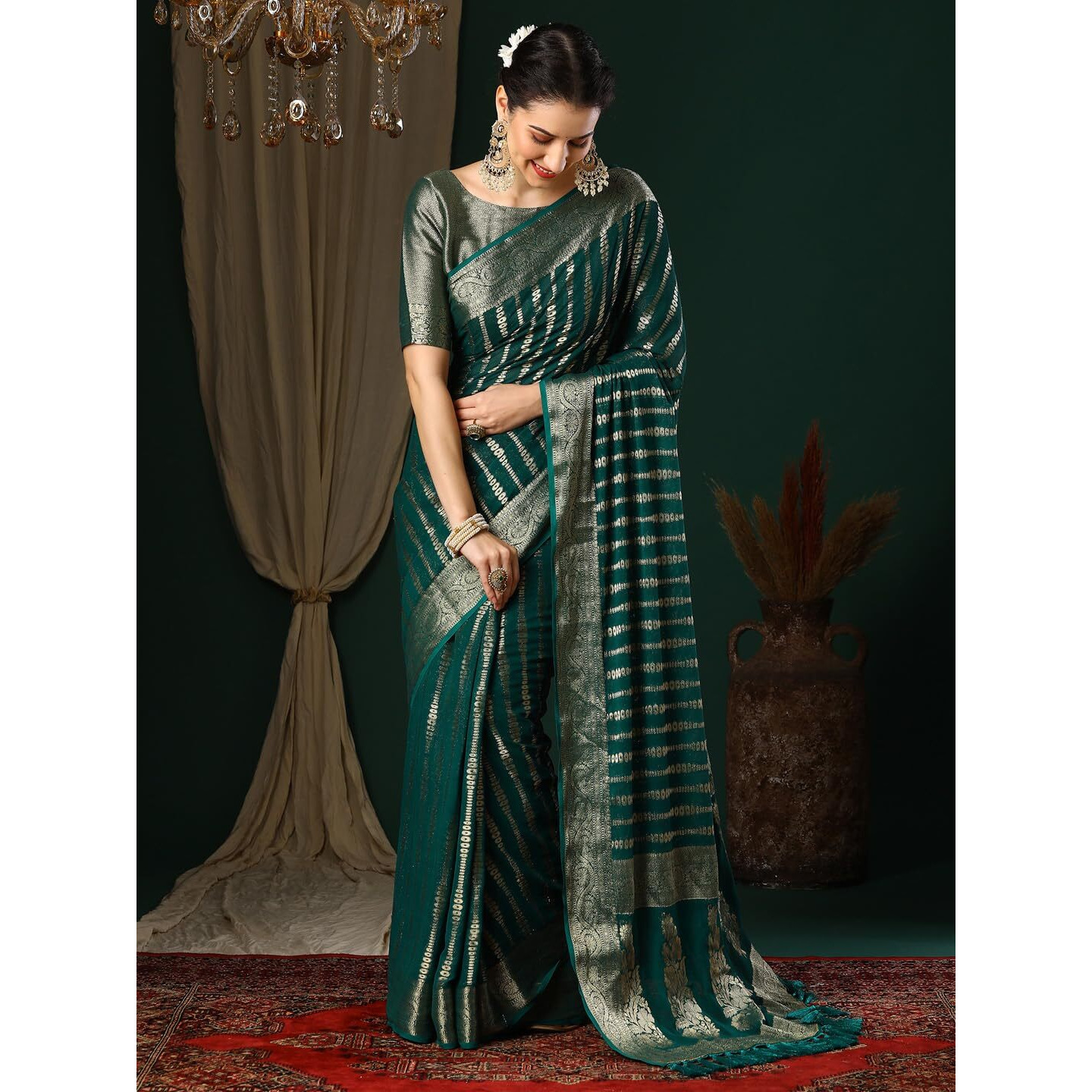 AKHILAM Womens Teal blue Georgette Zari Woven Design Saree with Unstitched Blouse Piece (ARYA2904_FL)