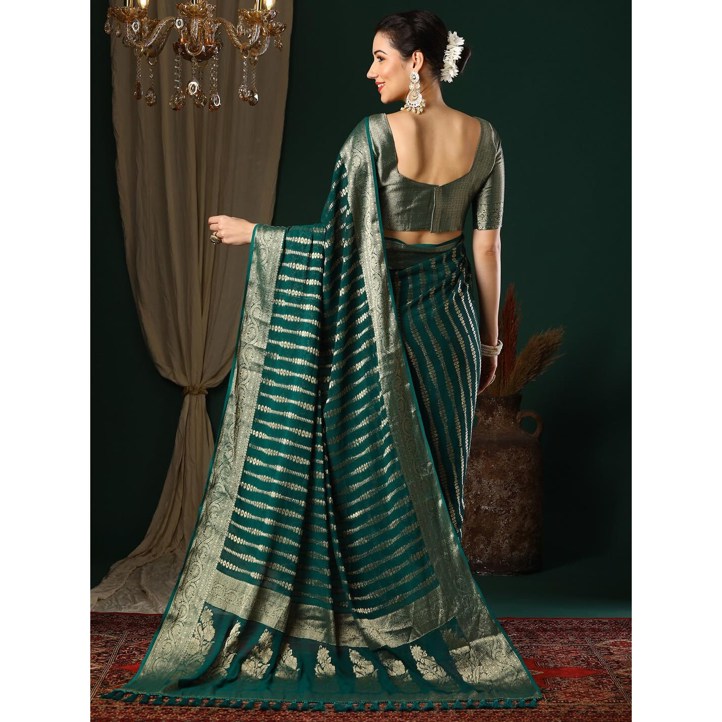 AKHILAM Womens Teal blue Georgette Zari Woven Design Saree with Unstitched Blouse Piece (ARYA2904_FL)