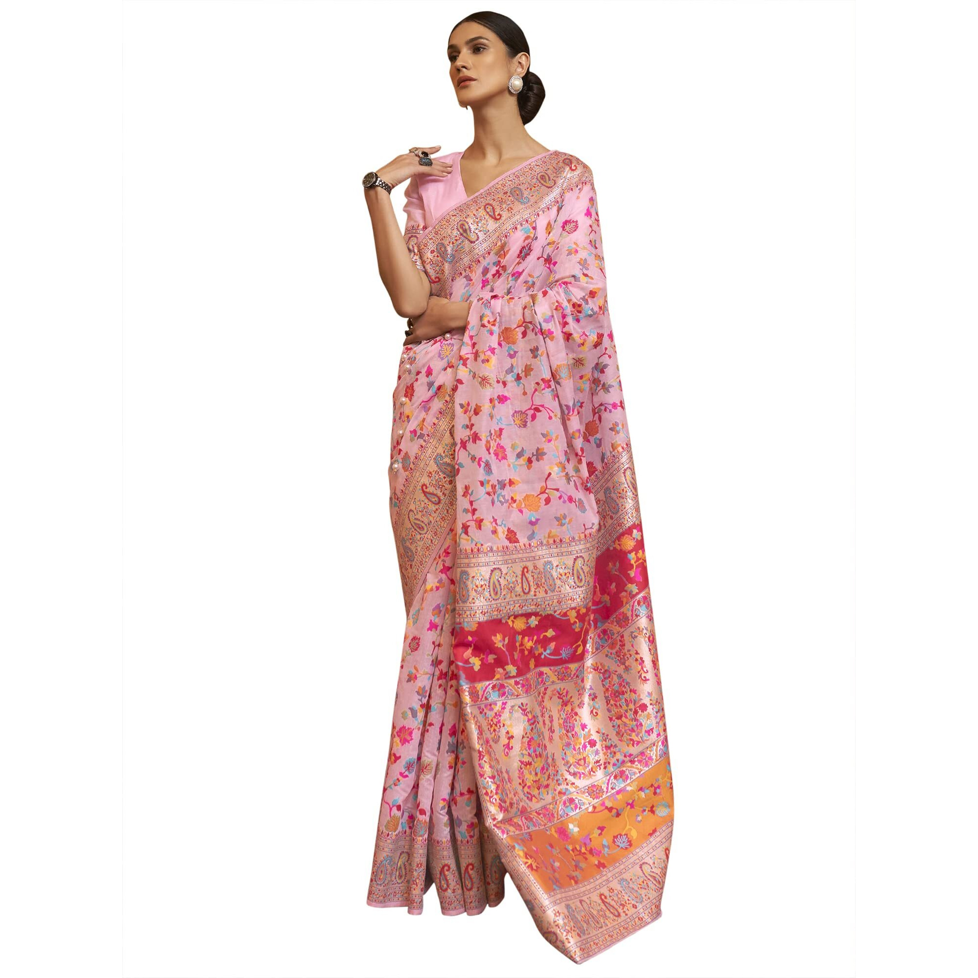 AKHILAM Womens Silk Blend Woven Design Celebrity Saree With Blouse Piece (Pink_KSHFA201001B)