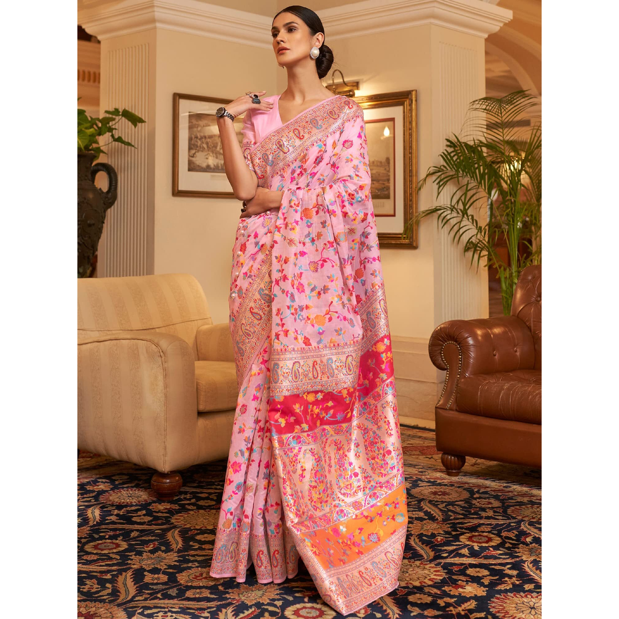 AKHILAM Womens Silk Blend Woven Design Celebrity Saree With Blouse Piece (Pink_KSHFA201001B)