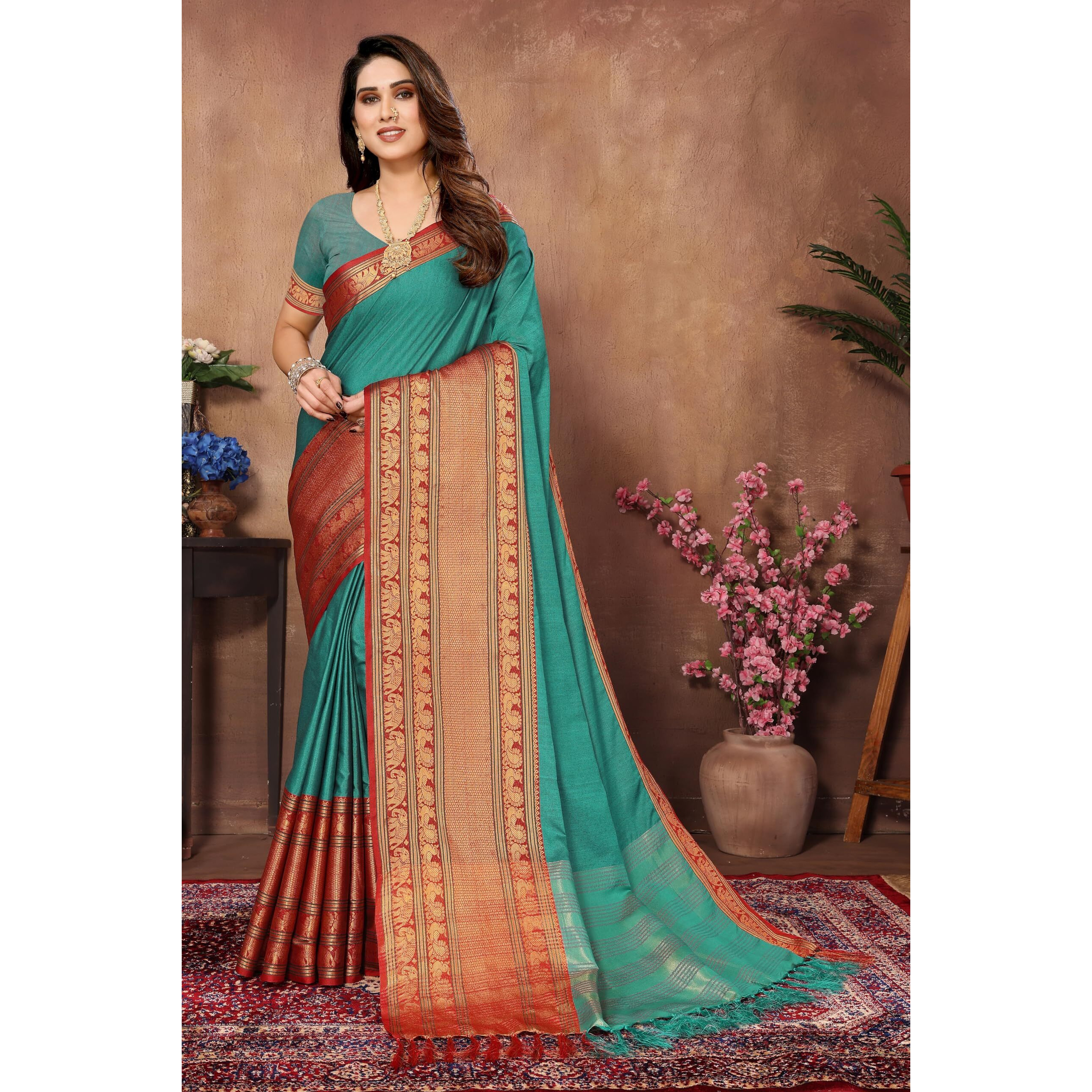 VJFASHION Womens Soft CottonSilk Blend NarayanPet Saree With Blouse Piece_Freesize