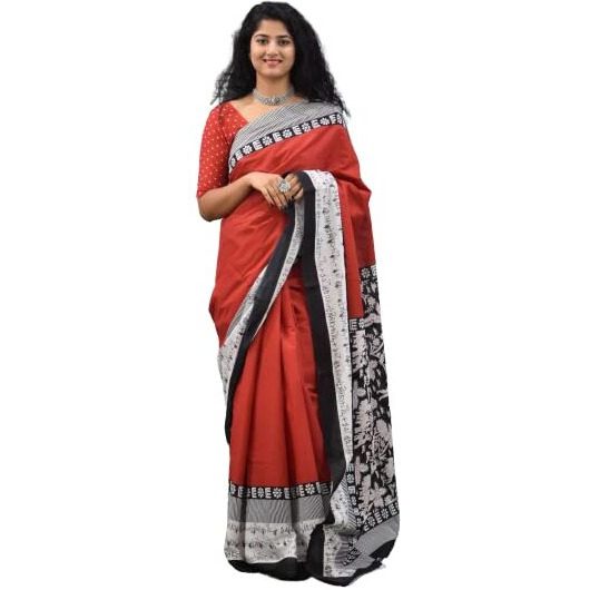 Kiaaron Womens Ikat Hand Block Print Jaipuri Cotton Mulmul Saree with Blouse Piece - Red_160