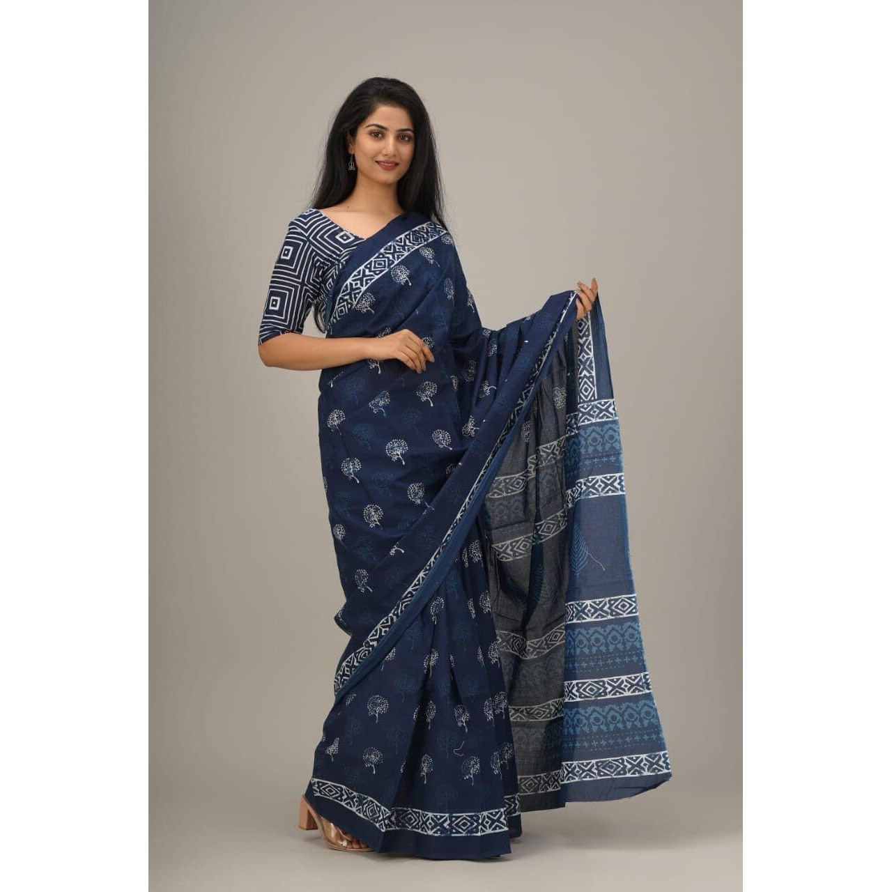 Kiaaron Handicrafts Womens Ikat Hand Block Print Jaipuri Cotton Mulmul Saree with Blouse Piece - Blue_34