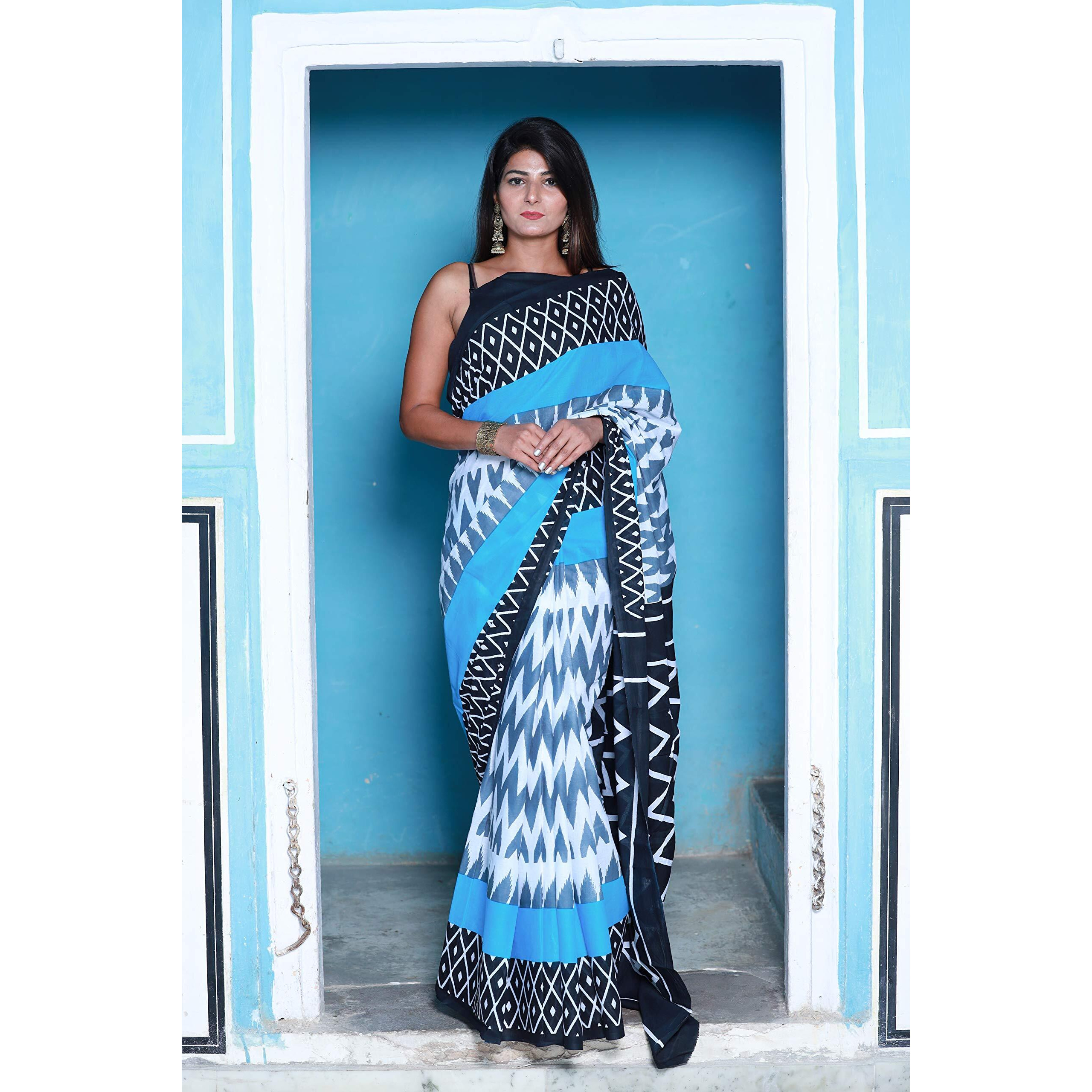 Kiaaron Womens Hand Block Kalamkari Batik Bagru Jaipuri Ikat Printed Handloom Pure Cotton Mulmul Traditional Ethnic Cotton Sarees With Printed Blouse Piece - Blue_White