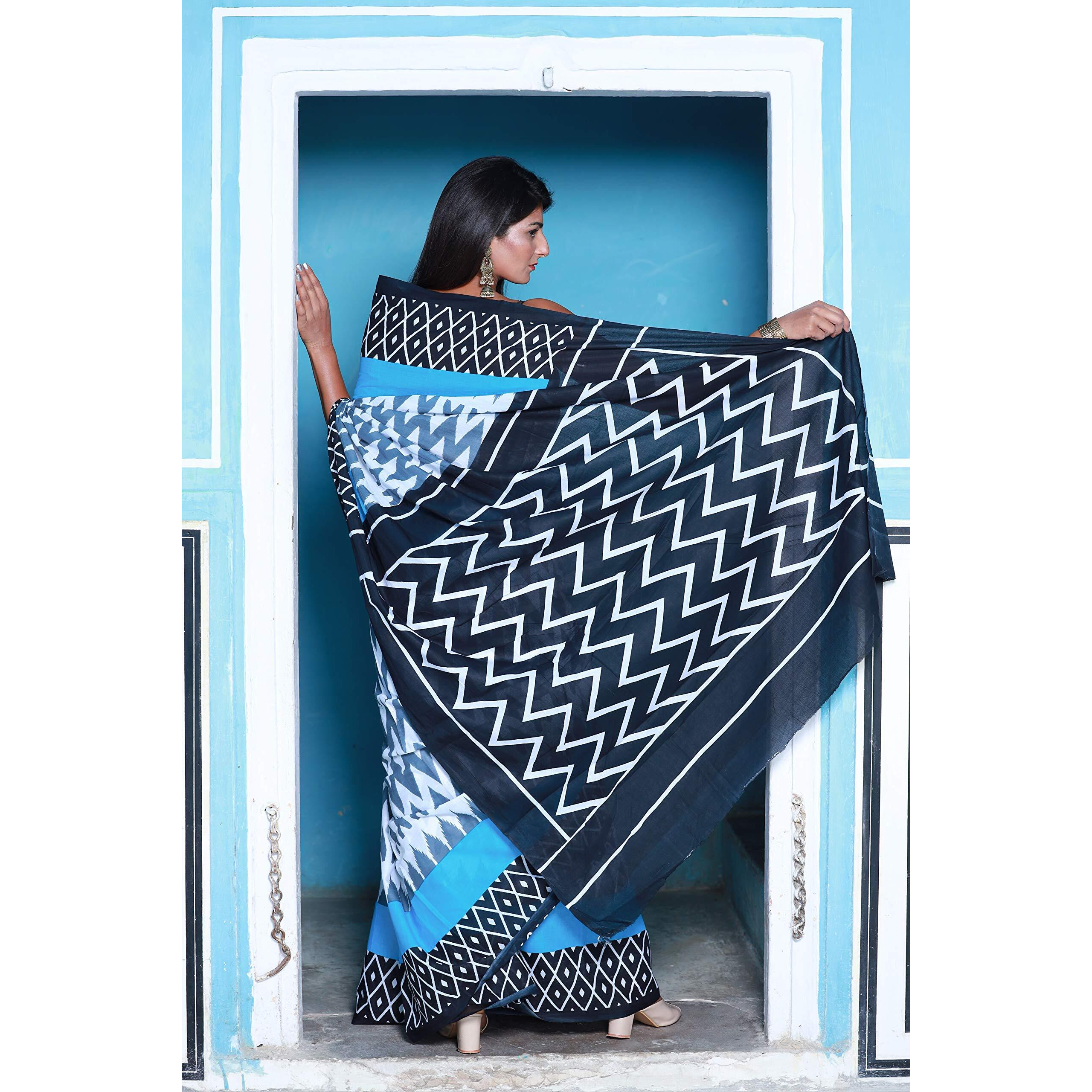 Kiaaron Womens Hand Block Kalamkari Batik Bagru Jaipuri Ikat Printed Handloom Pure Cotton Mulmul Traditional Ethnic Cotton Sarees With Printed Blouse Piece - Blue_White