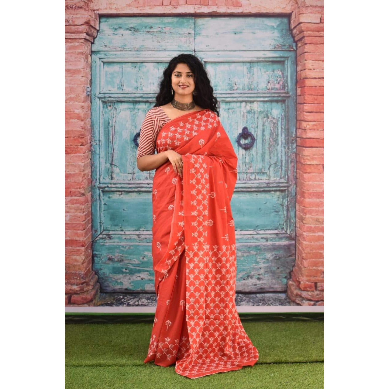 Kiaaron Ikat Hand Block Print Cotton Mulmul Saree with Blouse Piece for Women - Orange