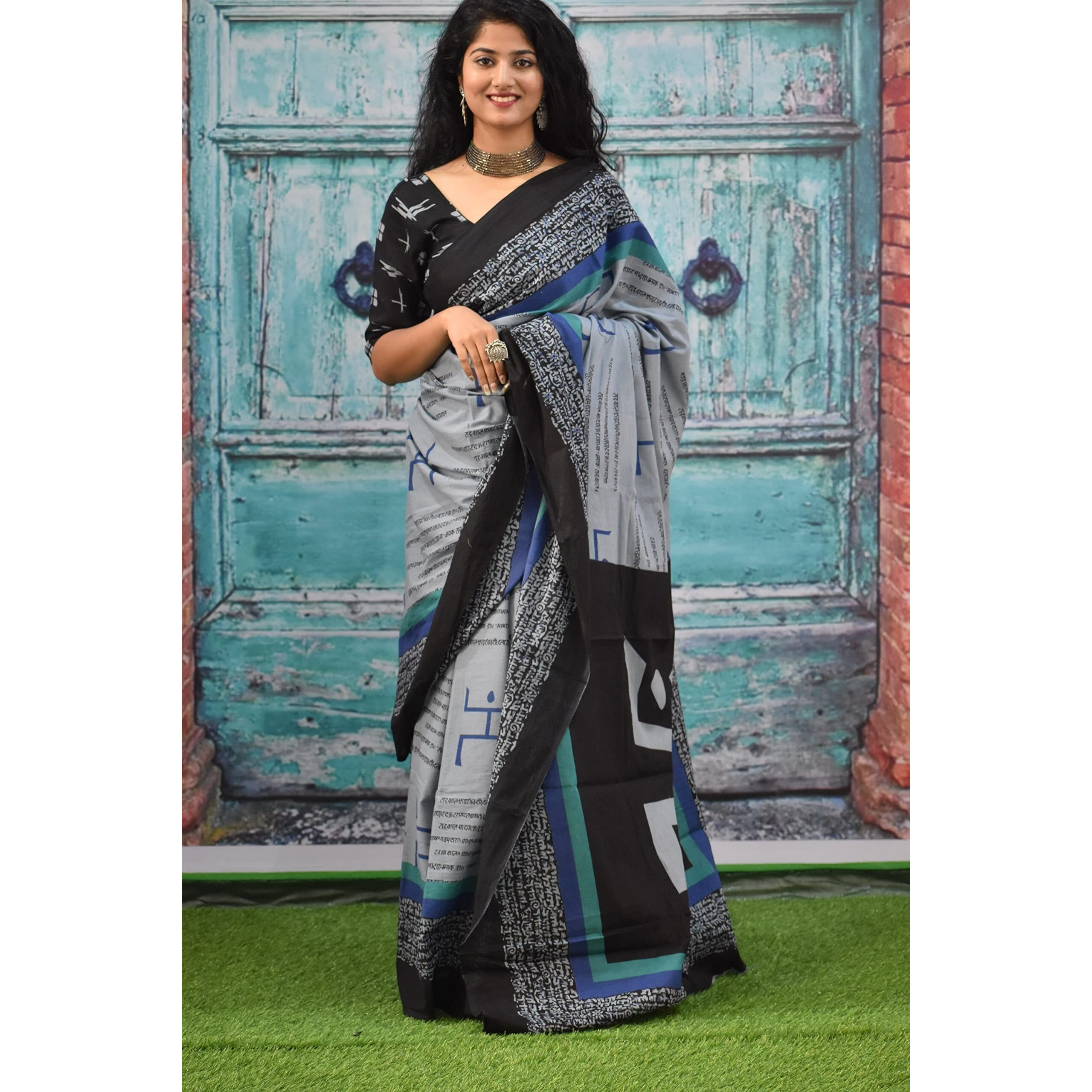 Kiaaron Womens Ikat Hand Block Print Jaipuri Cotton Mulmul Saree with Blouse Piece - Grey_159