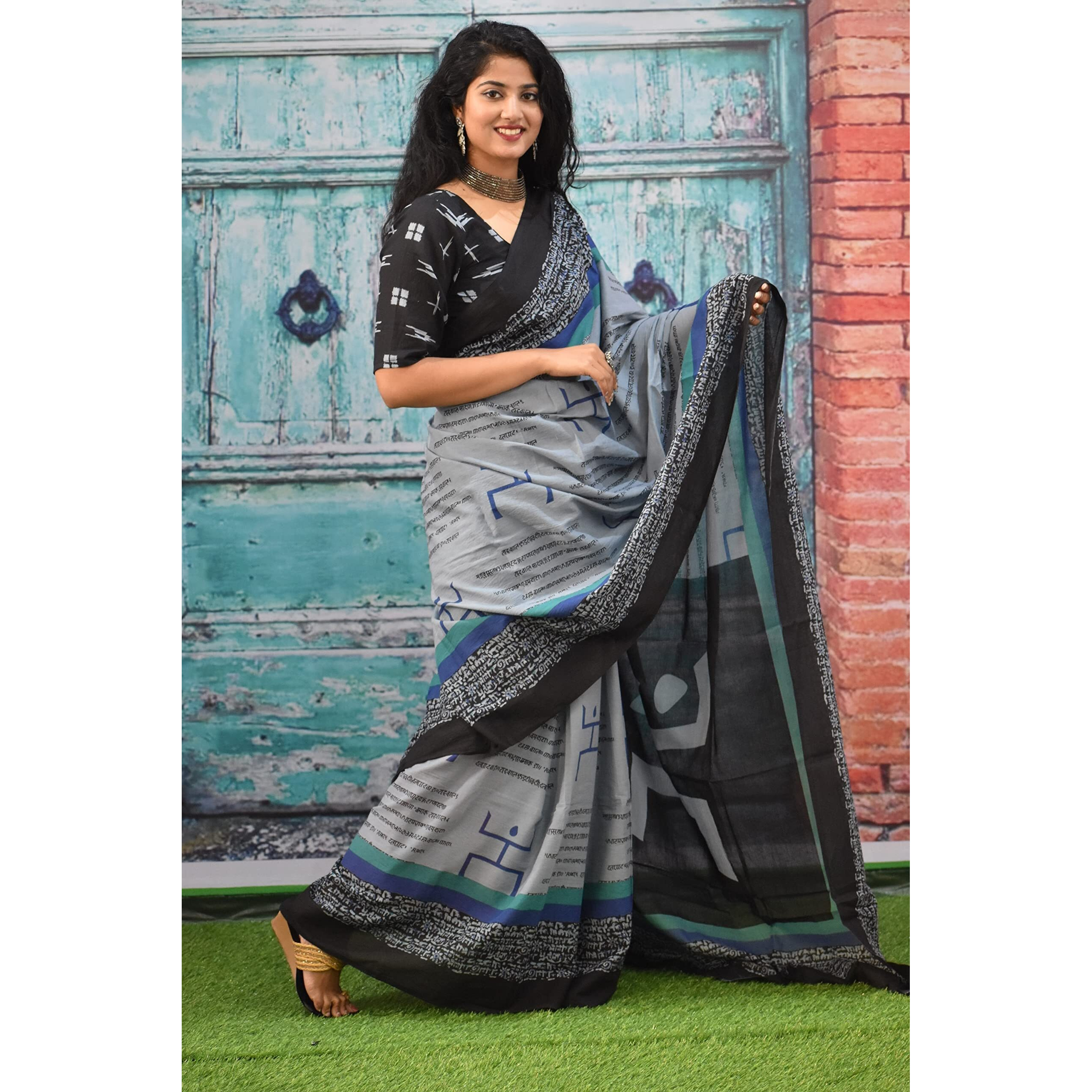 Kiaaron Womens Ikat Hand Block Print Jaipuri Cotton Mulmul Saree with Blouse Piece - Grey_159