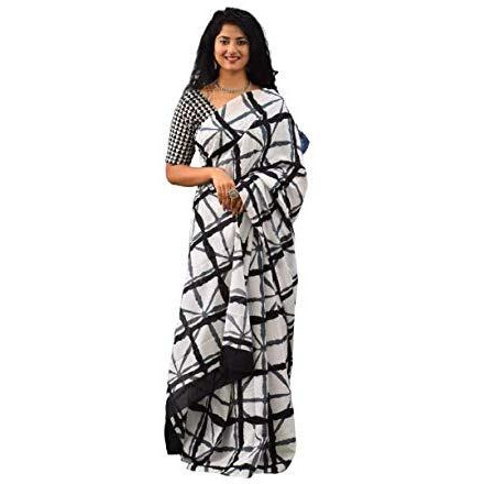 Kiaaron Womens Hand Block Kalamkari Batik Bagru Jaipuri Ikat Printed Handloom Pure Cotton Mulmul Traditional Ethnic Cotton Sarees With Printed Blouse Piece - Black_White