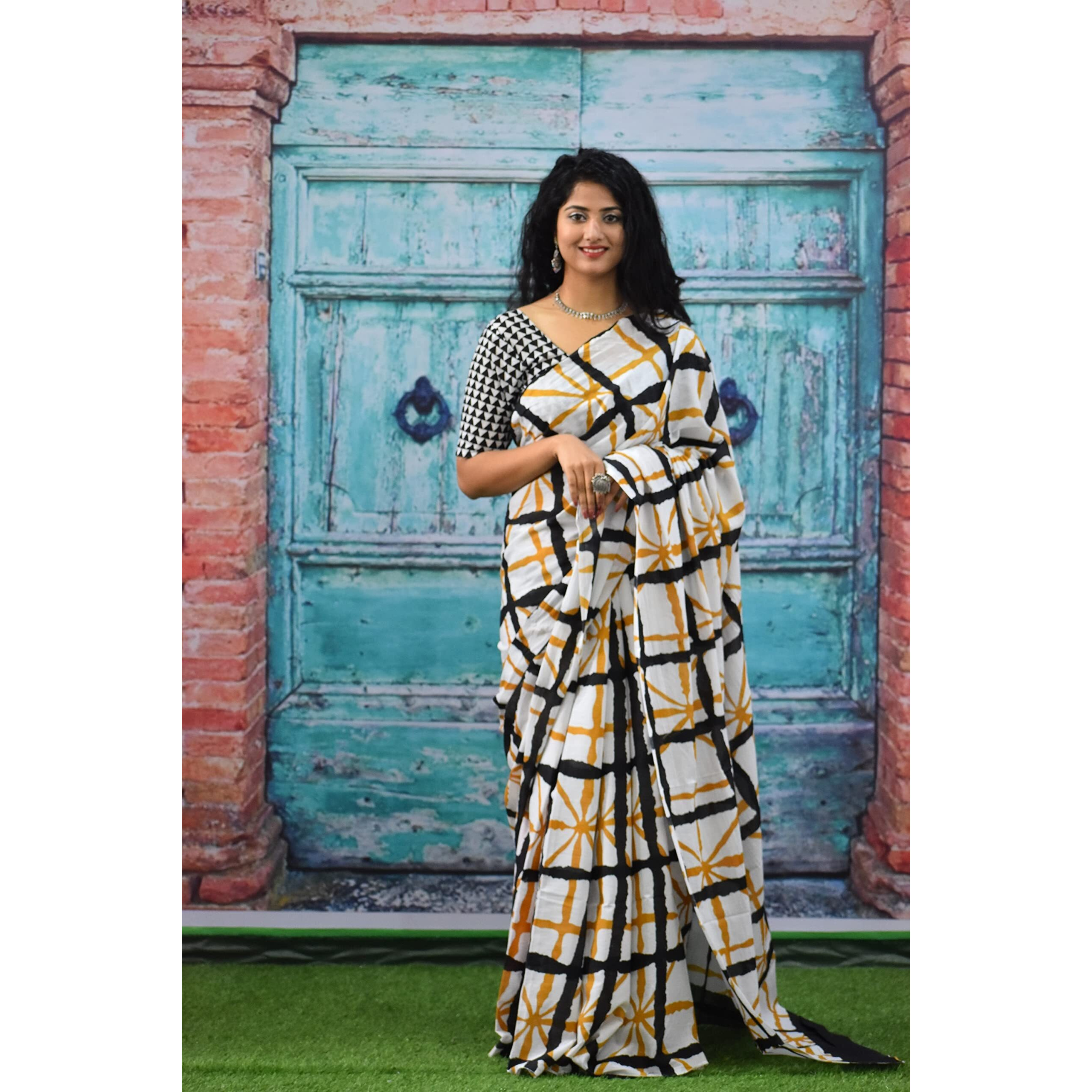 Kiaaron Womens Ikat Hand Block Print Jaipuri Cotton Mulmul Saree with Blouse Piece - Yellow_272