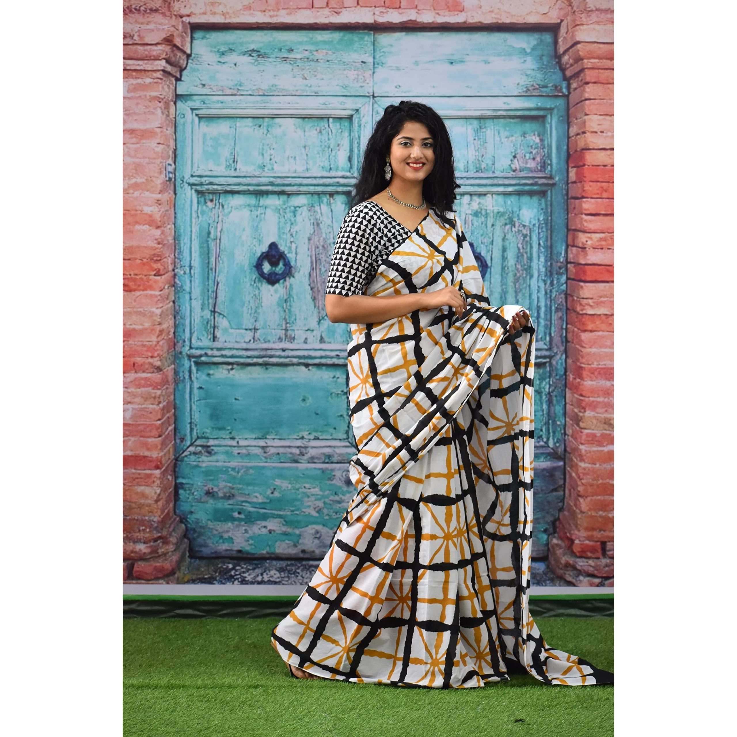 Kiaaron Womens Ikat Hand Block Print Jaipuri Cotton Mulmul Saree with Blouse Piece - Yellow_272