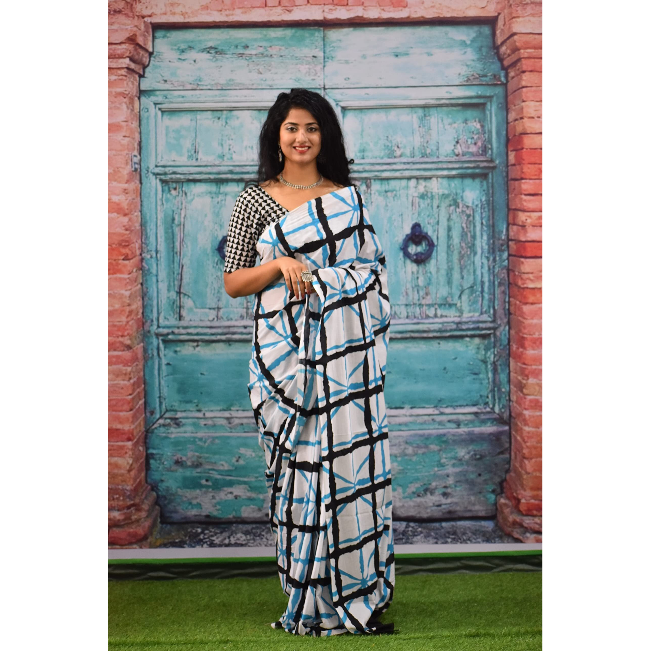 Kiaaron Womens Ikat Hand Block Print Jaipuri Cotton Mulmul Saree with Blouse Piece - White_274
