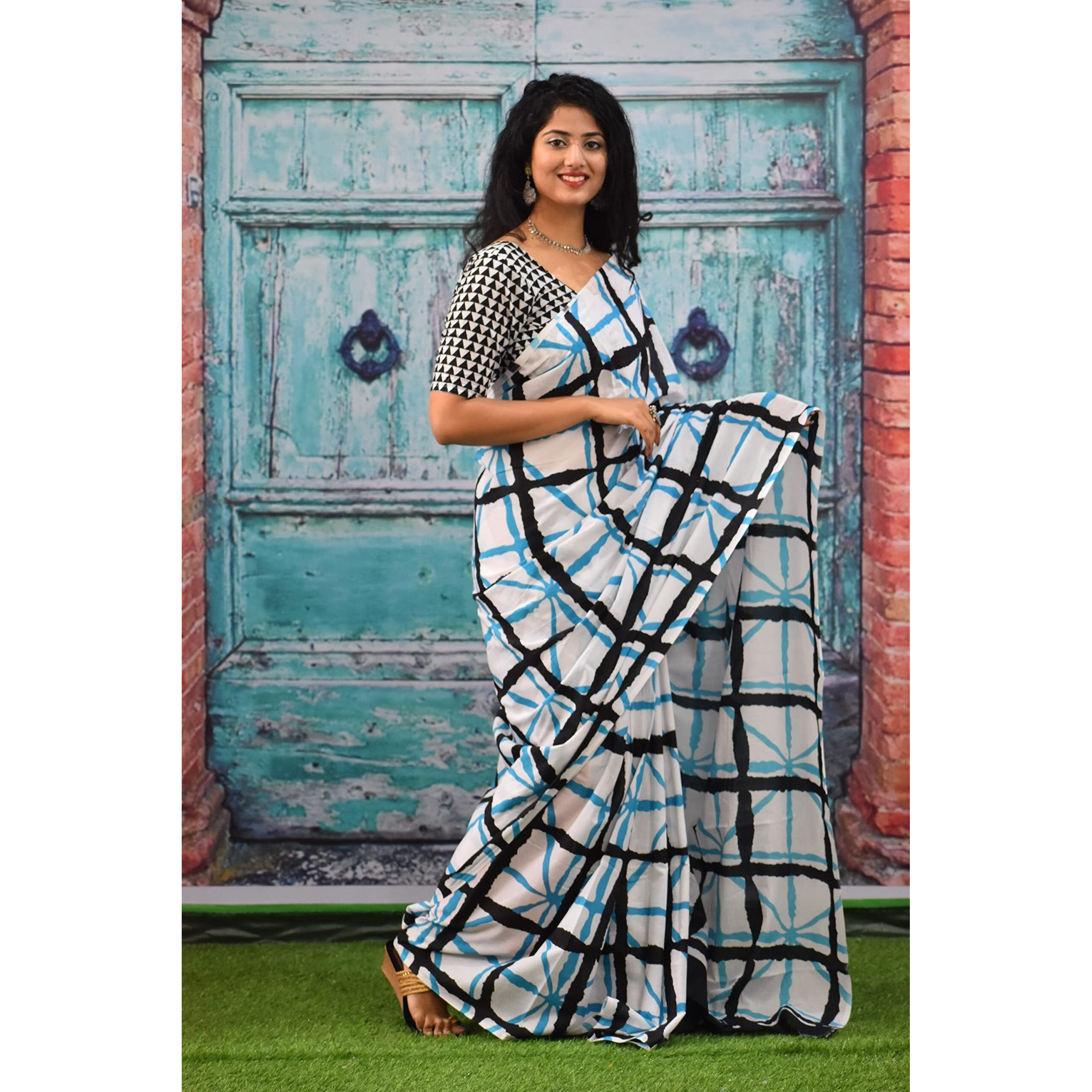 Kiaaron Womens Ikat Hand Block Print Jaipuri Cotton Mulmul Saree with Blouse Piece - White_274