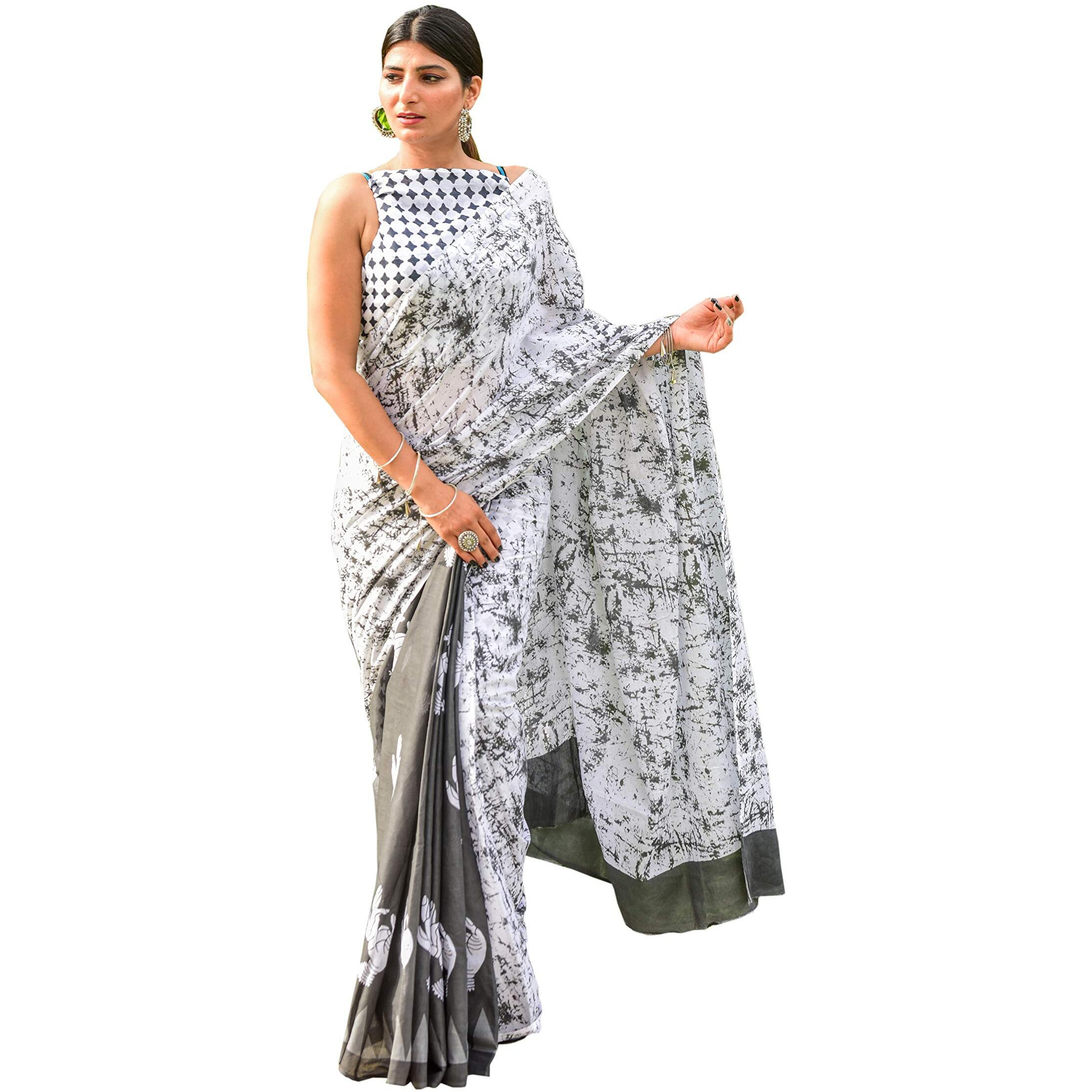 Kiaaron Womens Hand Block Kalamkari Batik Bagru Jaipuri Ikat Printed Handloom Pure Cotton Mulmul Traditional Ethnic Cotton Sarees With Printed Blouse Piece - Blue_White