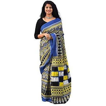Kiaaron Ikat Hand Block Print Cotton Mulmul Saree with Blouse Piece for Women - Multi