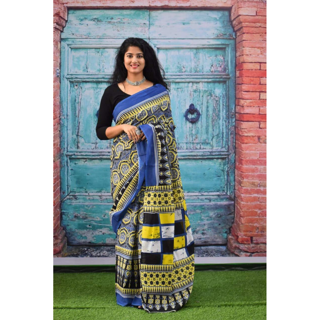 Kiaaron Ikat Hand Block Print Cotton Mulmul Saree with Blouse Piece for Women - Multi