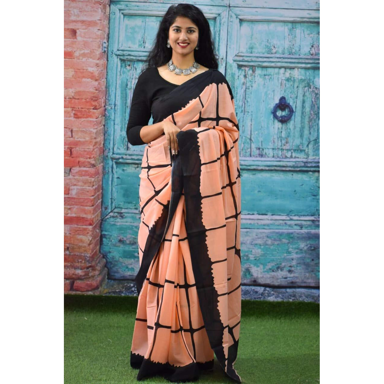 Kiaaron Ikat Hand Block Print Cotton Mulmul Saree with Blouse Piece for Women - Pink