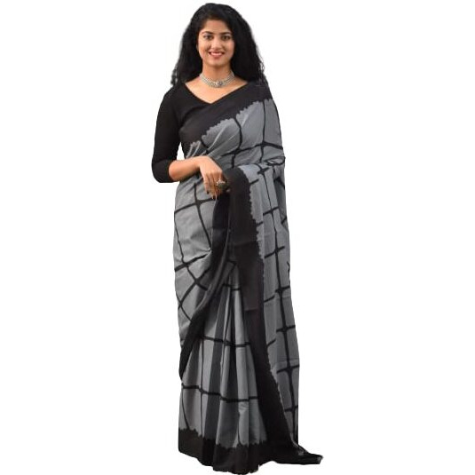 Kiaaron Womens Ikat Hand Block Print Jaipuri Cotton Mulmul Saree with Blouse Piece - Grey_269