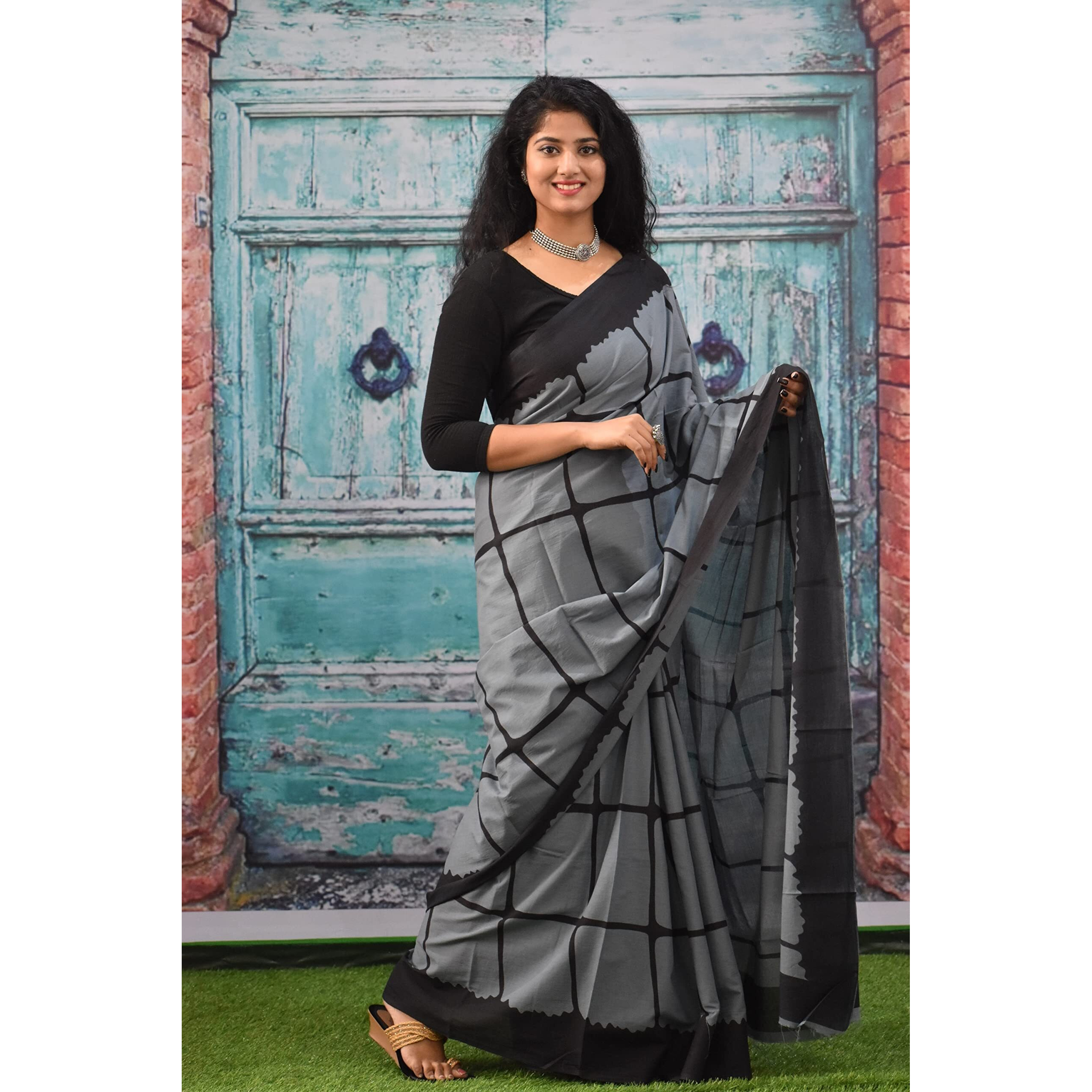 Kiaaron Womens Ikat Hand Block Print Jaipuri Cotton Mulmul Saree with Blouse Piece - Grey_269