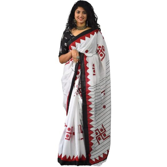 Kiaaron Womens Ikat Hand Block Print Jaipuri Cotton Mulmul Saree with Blouse Piece - White_170