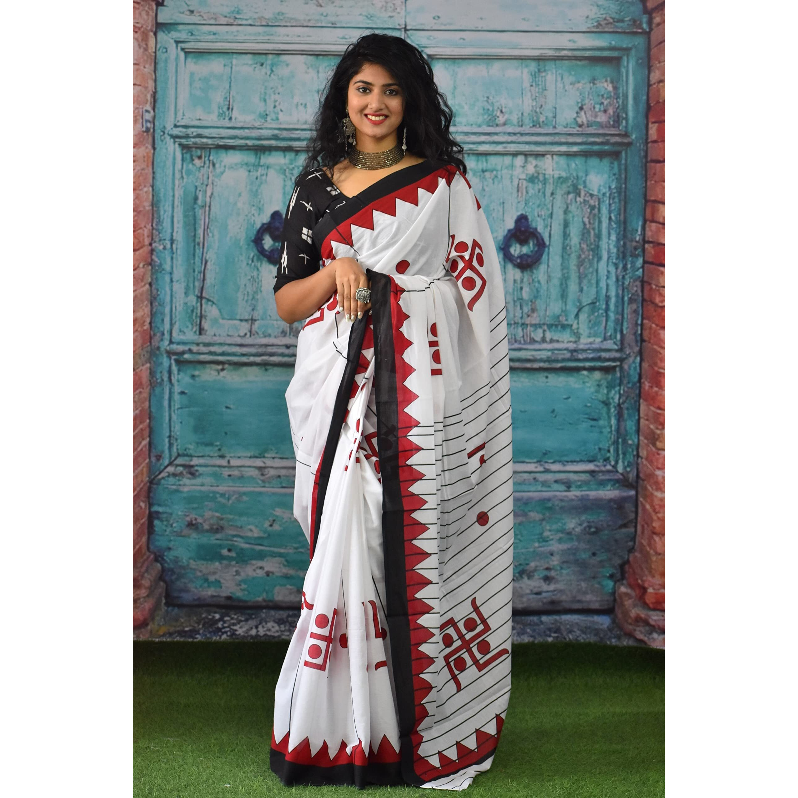 Kiaaron Womens Ikat Hand Block Print Jaipuri Cotton Mulmul Saree with Blouse Piece - White_170