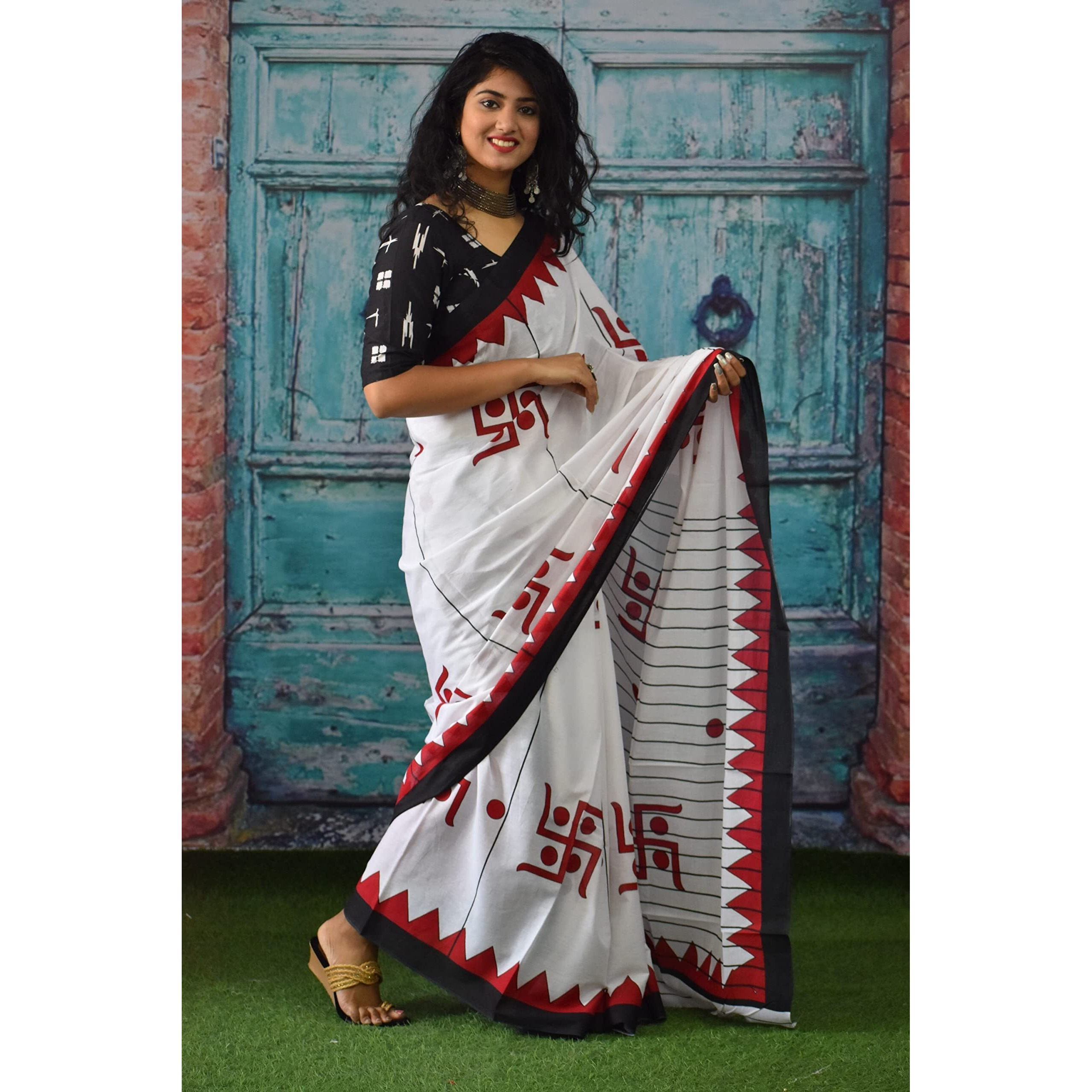 Kiaaron Womens Ikat Hand Block Print Jaipuri Cotton Mulmul Saree with Blouse Piece - White_170