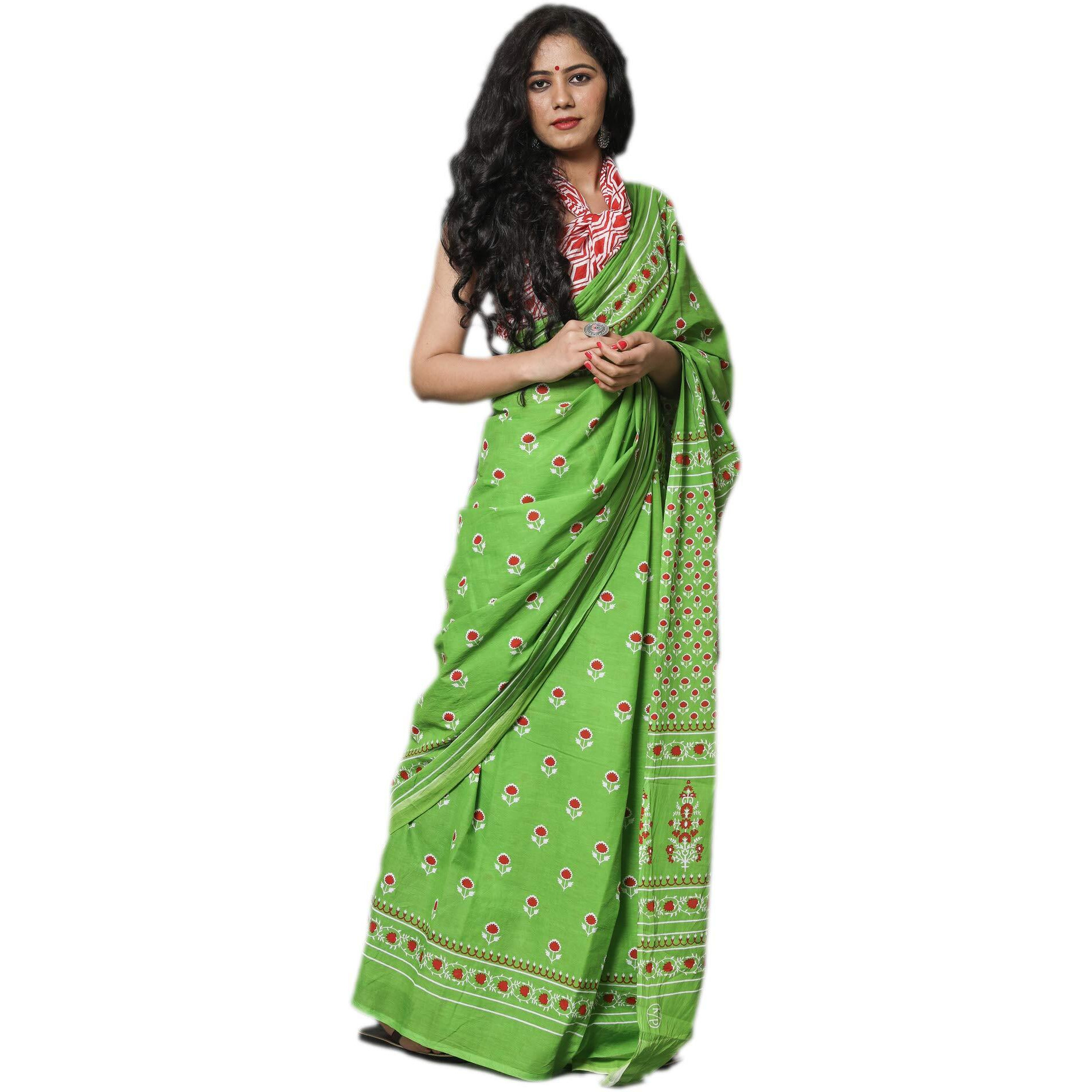 Kiaaron Womens Hand Block Kalamkari Batik Bagru Jaipuri Ikat Printed Handloom Pure Cotton Mulmul Traditional Ethnic Cotton Sarees With Printed Blouse Piece - Green