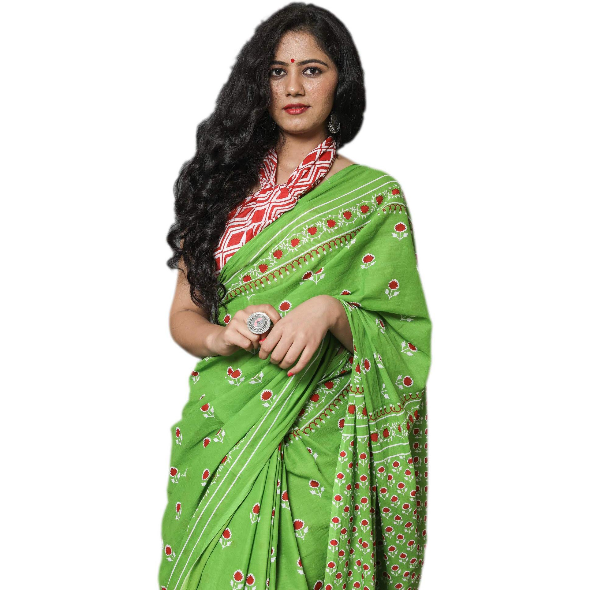 Kiaaron Womens Hand Block Kalamkari Batik Bagru Jaipuri Ikat Printed Handloom Pure Cotton Mulmul Traditional Ethnic Cotton Sarees With Printed Blouse Piece - Green