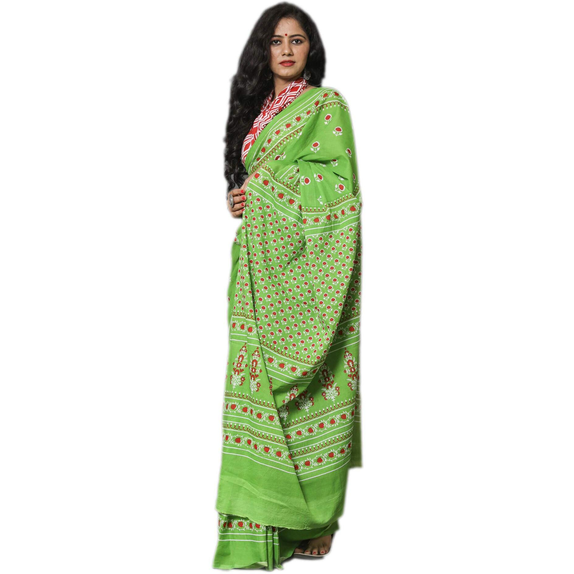Kiaaron Womens Hand Block Kalamkari Batik Bagru Jaipuri Ikat Printed Handloom Pure Cotton Mulmul Traditional Ethnic Cotton Sarees With Printed Blouse Piece - Green