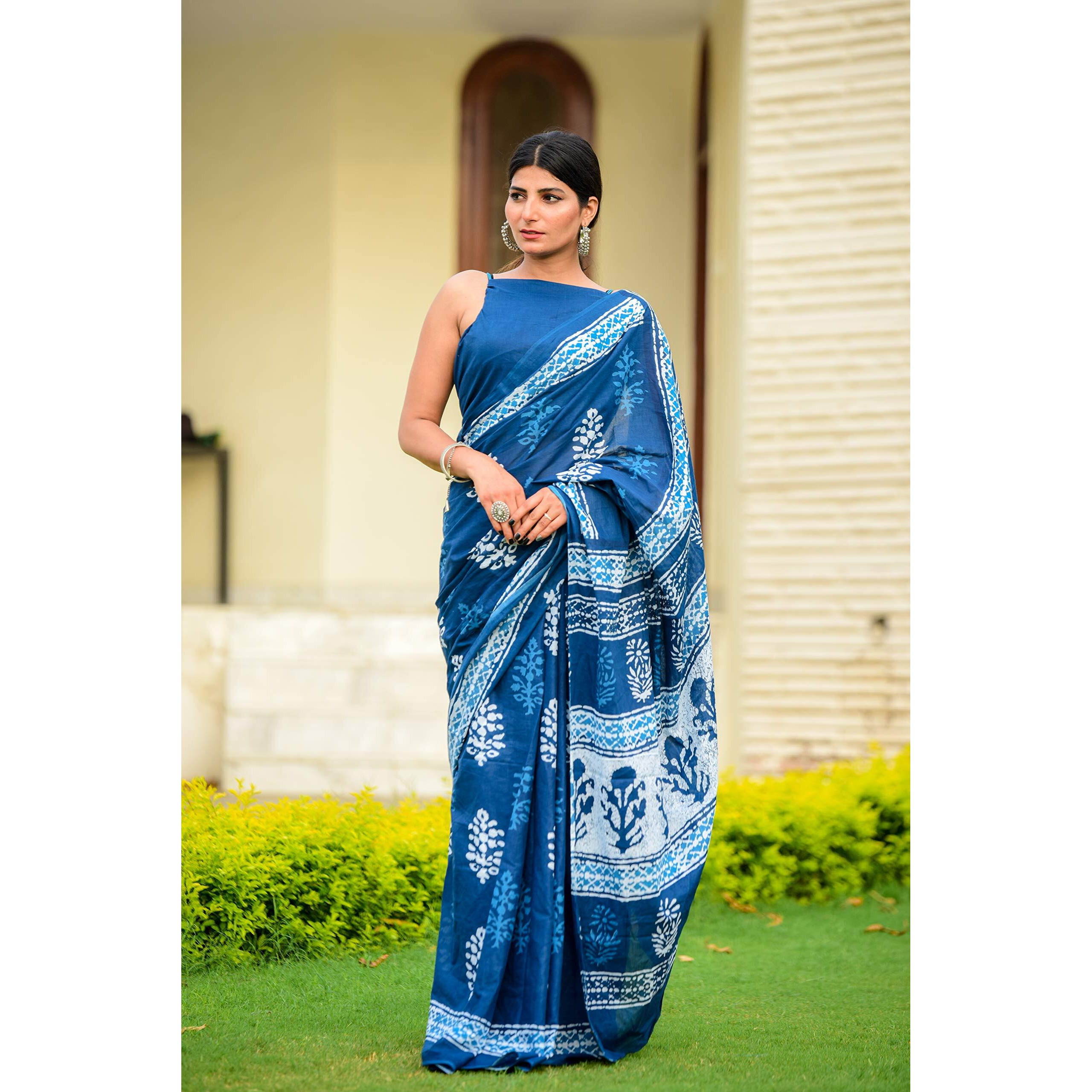 Kiaaron Womens Hand Block Kalamkari Batik Bagru Jaipuri Ikat Printed Handloom Pure Cotton Mulmul Traditional Ethnic Cotton Sarees With Printed Blouse Piece - Blue