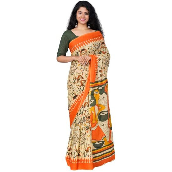 Kiaaron Womens Ikat Hand Block Print Jaipuri Cotton Mulmul Saree with Blouse Piece - Orange_165
