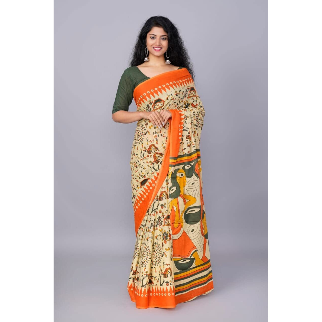 Kiaaron Womens Ikat Hand Block Print Jaipuri Cotton Mulmul Saree with Blouse Piece - Orange_165
